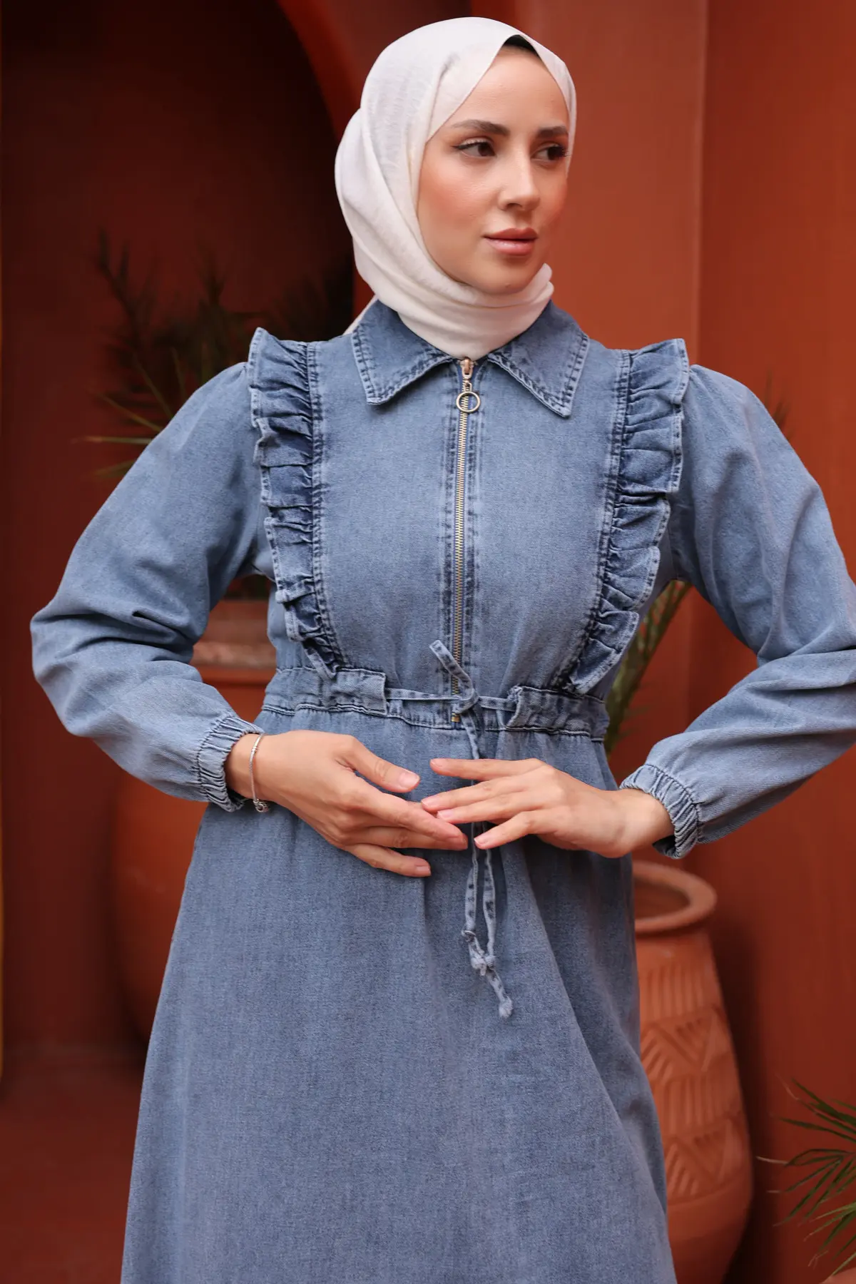 Ruffle Detailed Denim Dress-detail