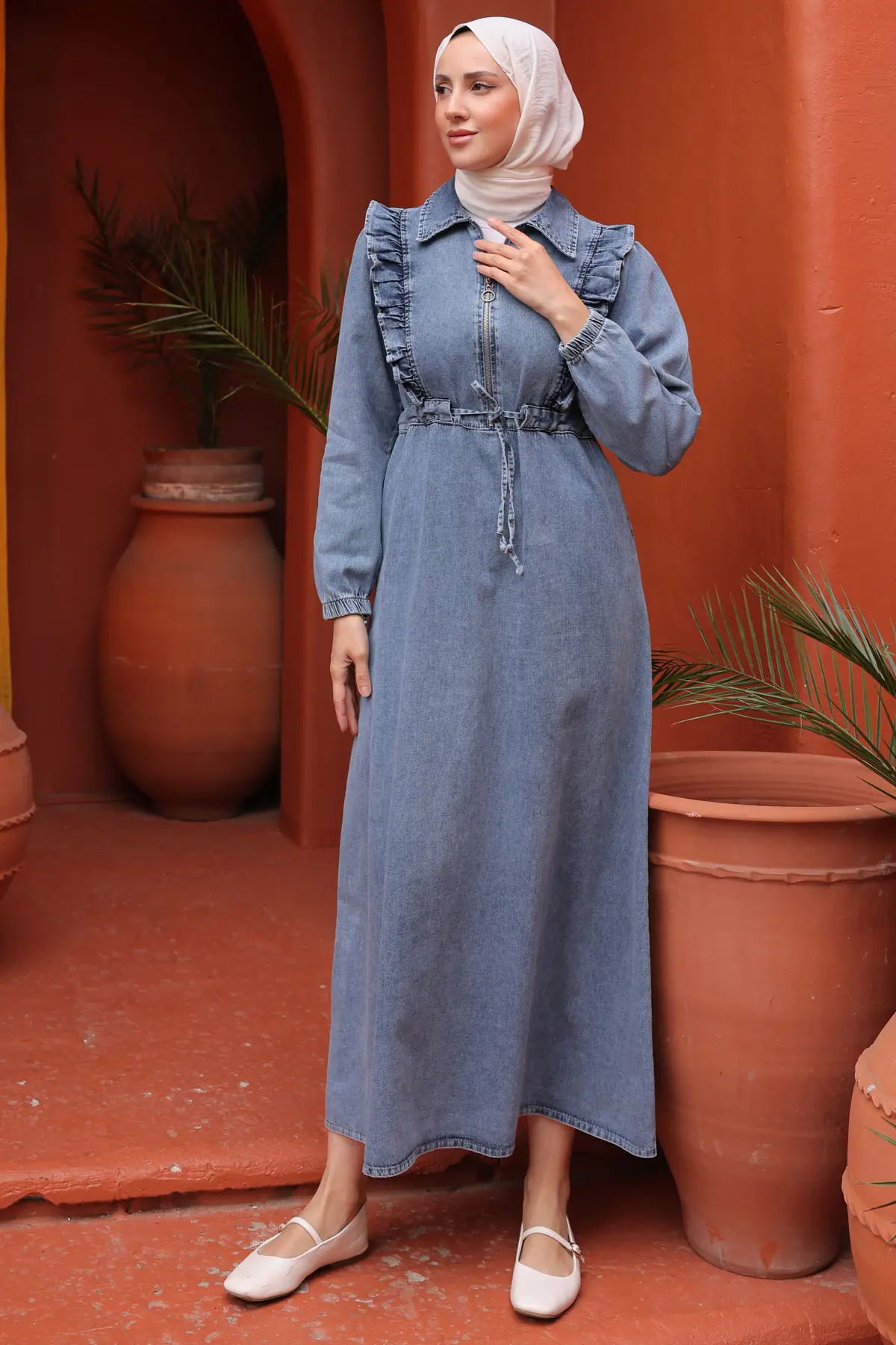 Ruffle Detailed Denim Dress-detail