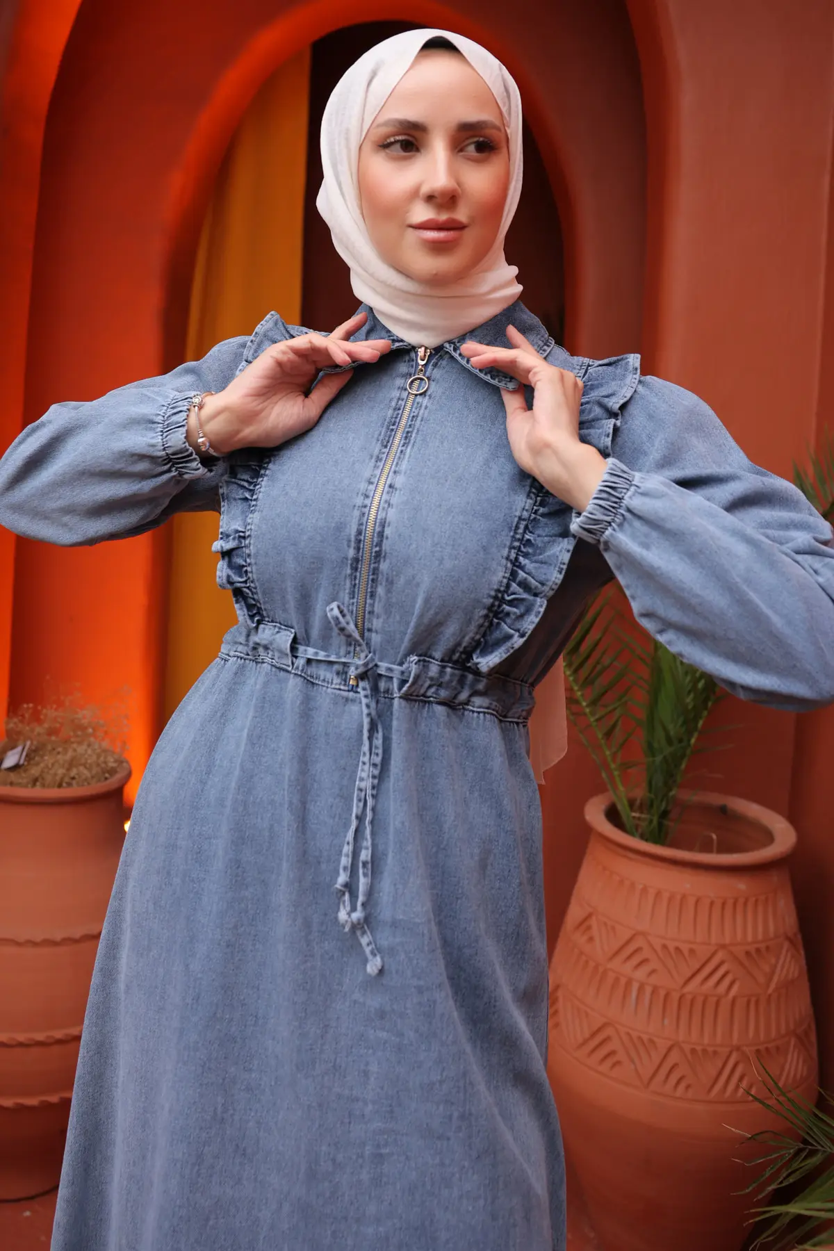 Ruffle Detailed Denim Dress-detail