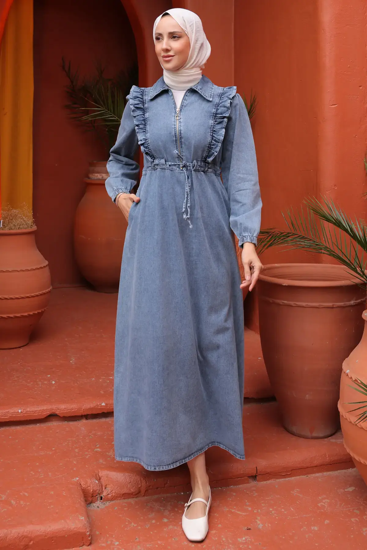 Ruffle Detailed Denim Dress