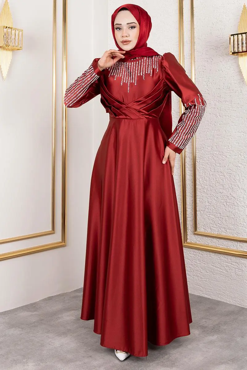Satin Evening Dress With Stone Detail On Collar And Sleeves-detail
