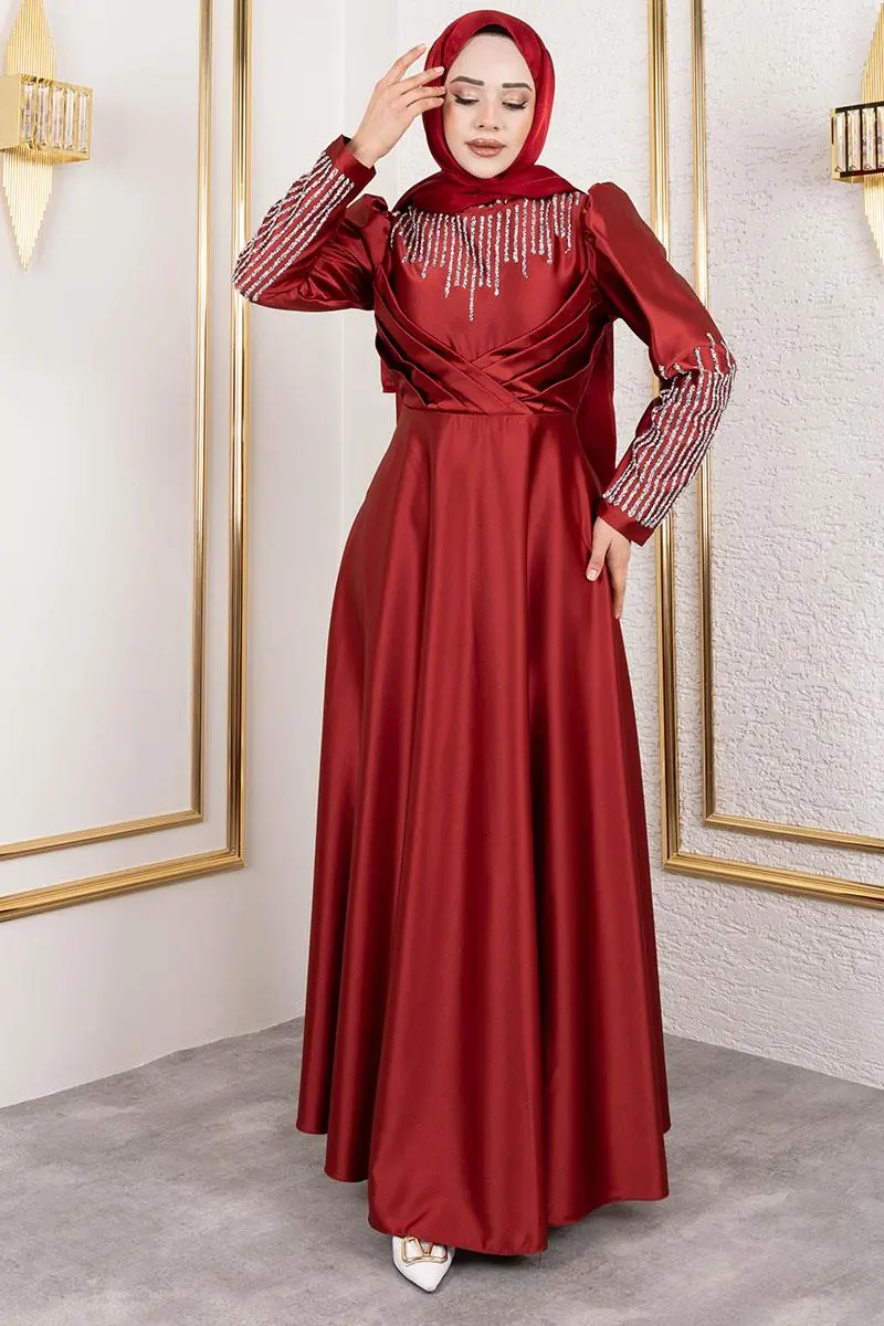 Satin Evening Dress With Stone Detail On Collar And Sleeves-detail