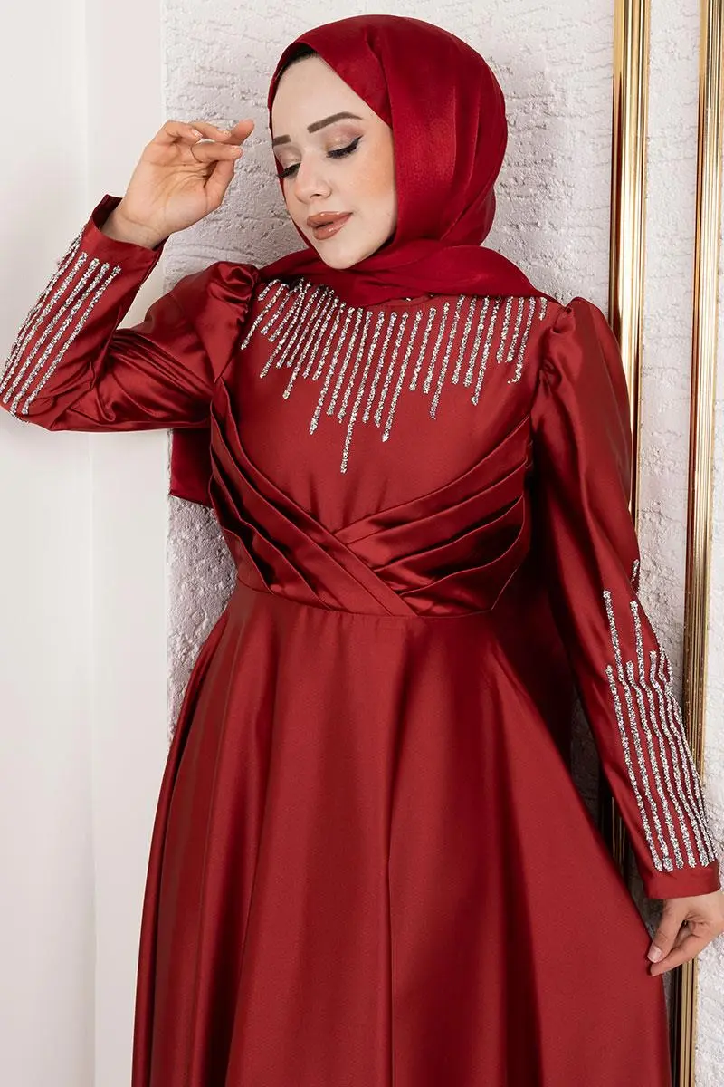 Satin Evening Dress With Stone Detail On Collar And Sleeves-detail