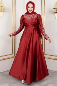 Satin Evening Dress With Stone Detail On Collar And Sleeves