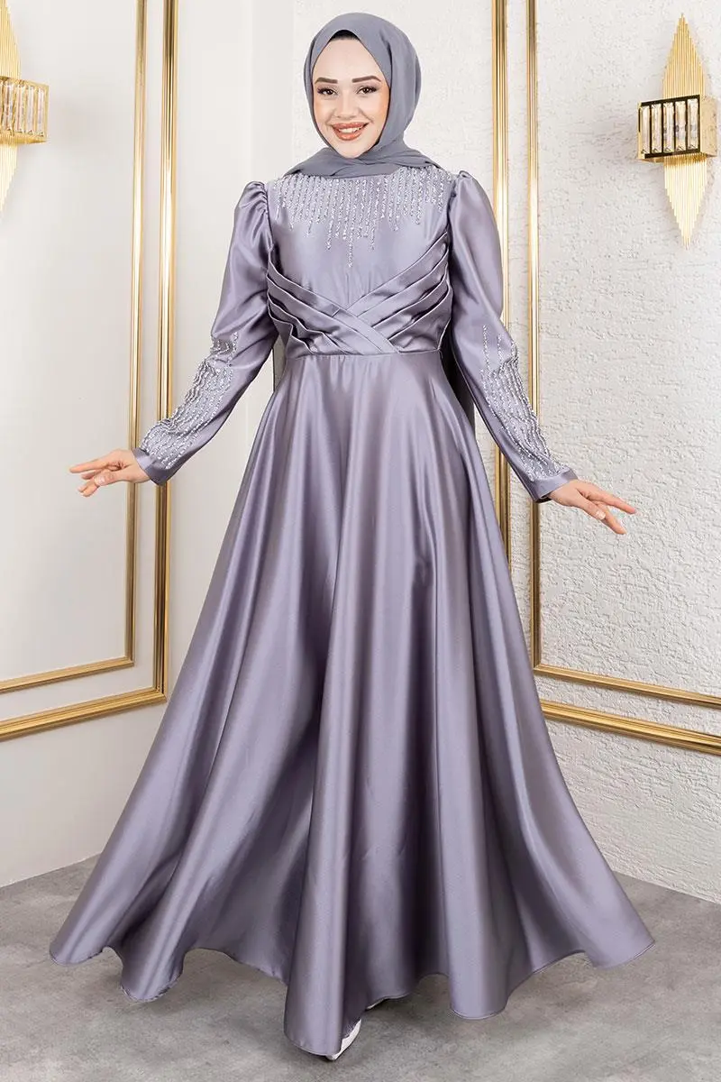 Satin Evening Dress With Stone Detail On Collar And Sleeves-detail