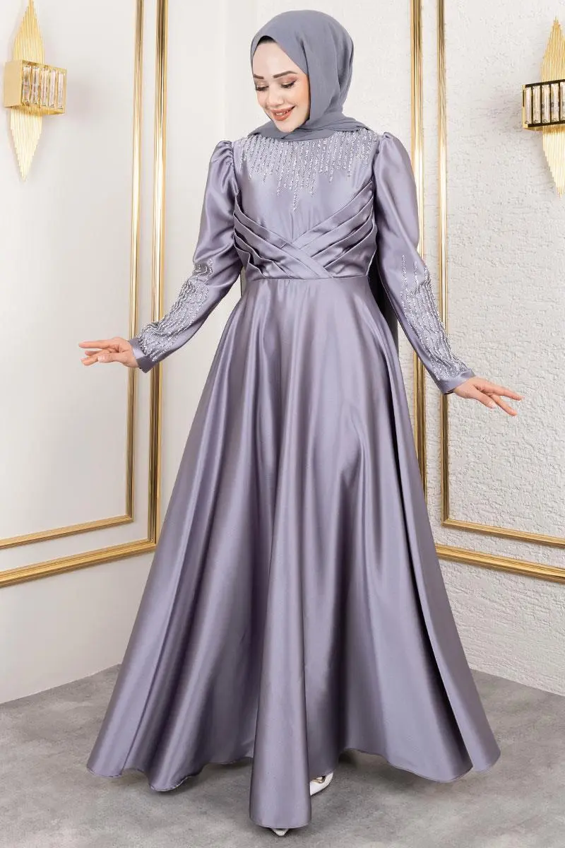 Satin Evening Dress With Stone Detail On Collar And Sleeves-detail