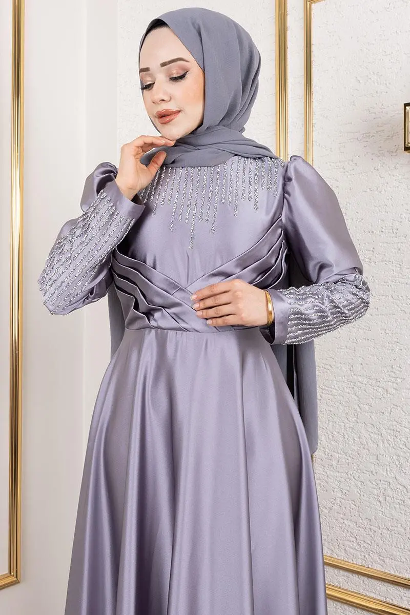 Satin Evening Dress With Stone Detail On Collar And Sleeves-detail