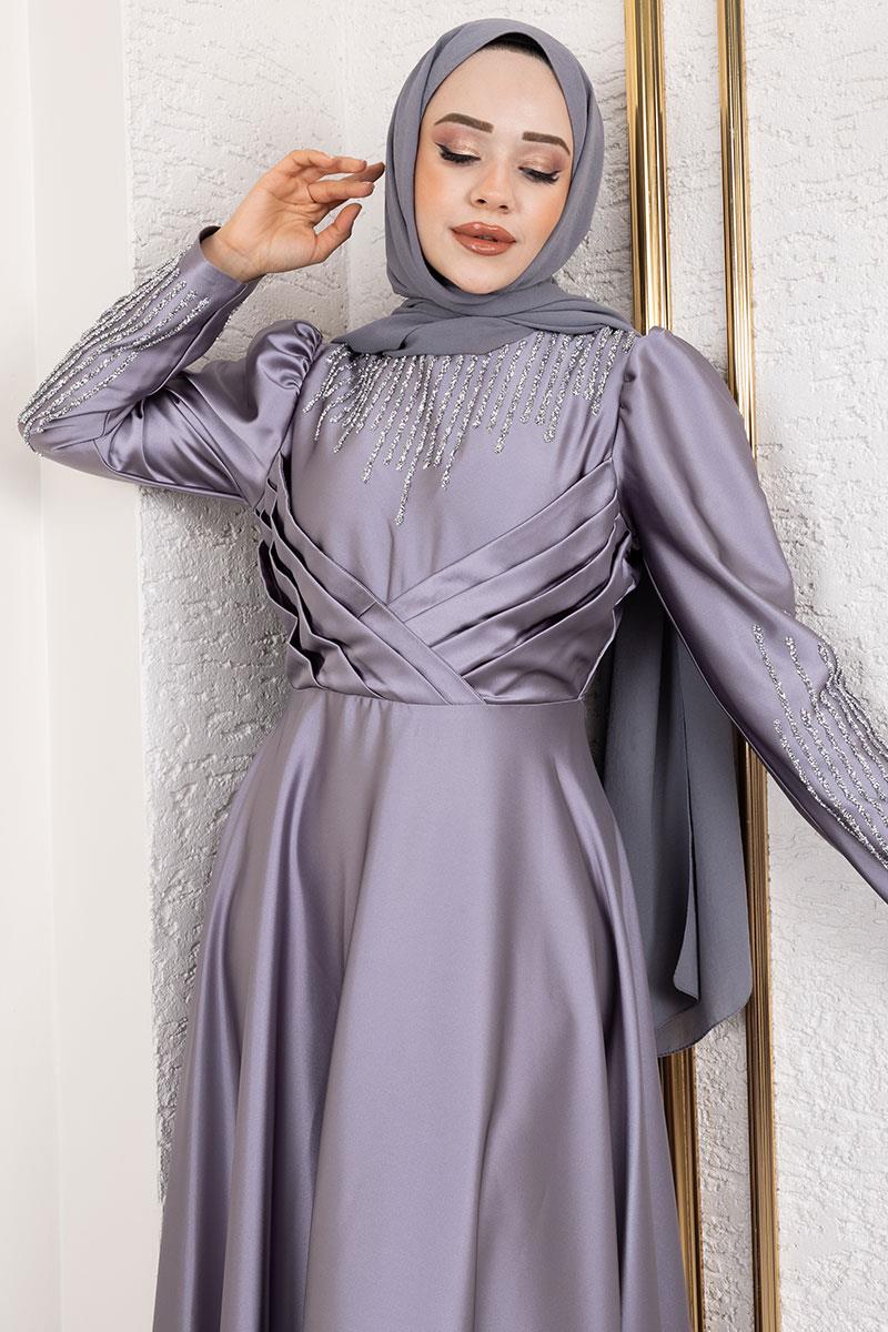 Satin Evening Dress With Stone Detail On Collar And Sleeves