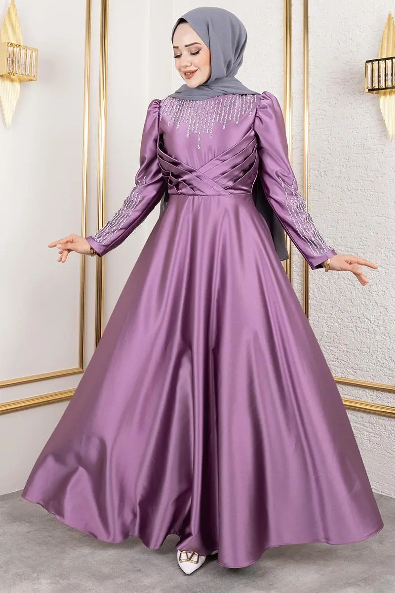 Satin Evening Dress With Stone Detail On Collar And Sleeves-detail