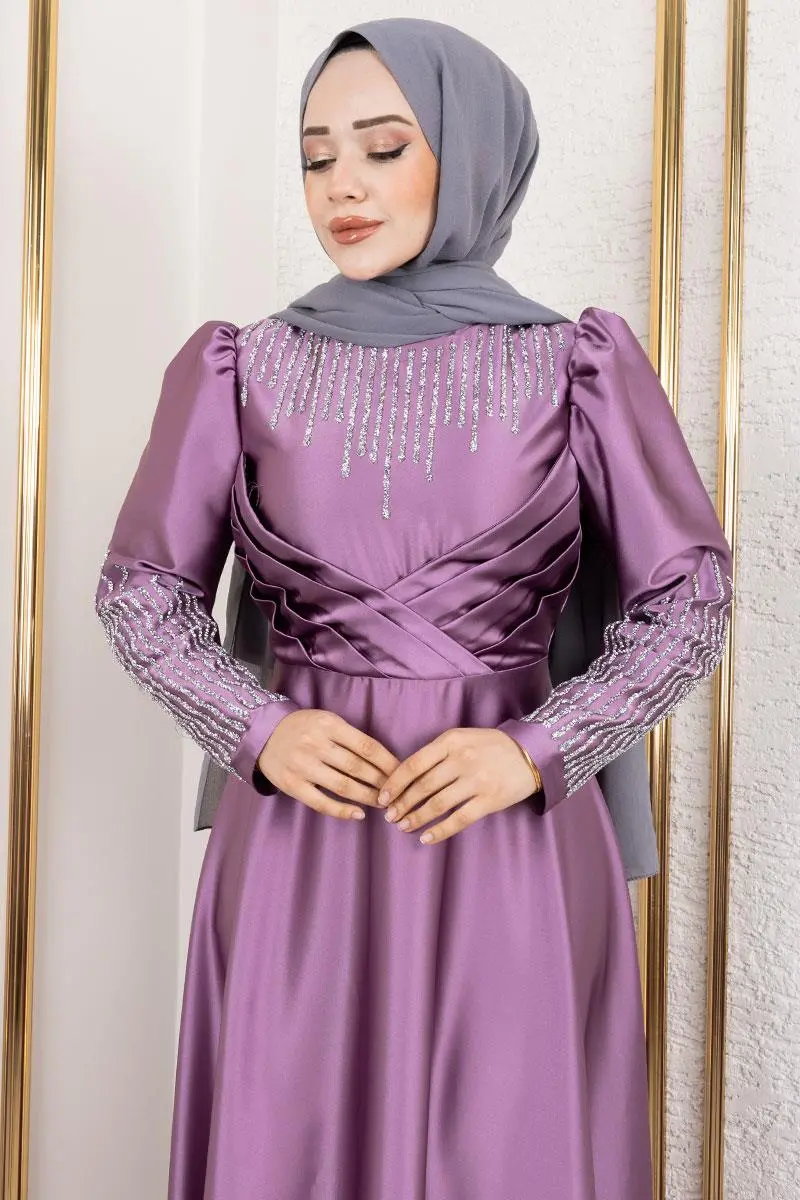 Satin Evening Dress With Stone Detail On Collar And Sleeves-detail