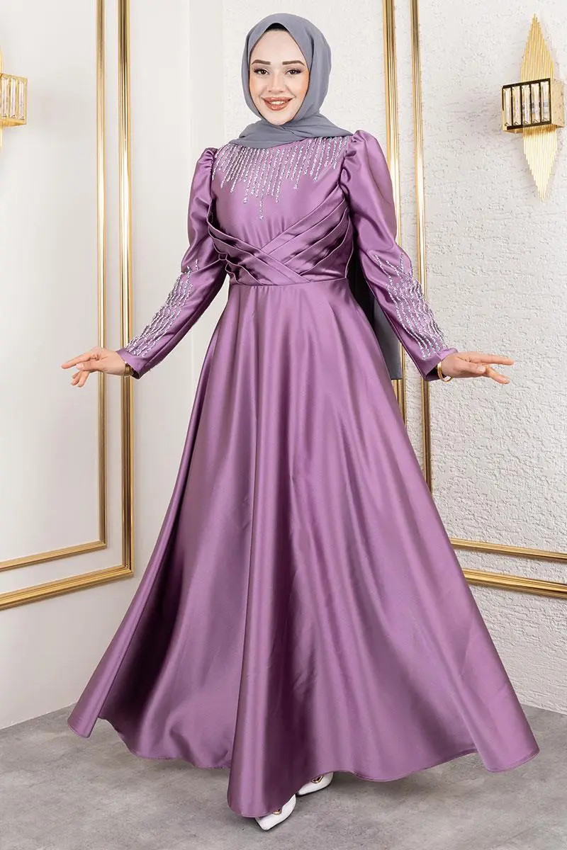 Satin Evening Dress With Stone Detail On Collar And Sleeves-detail
