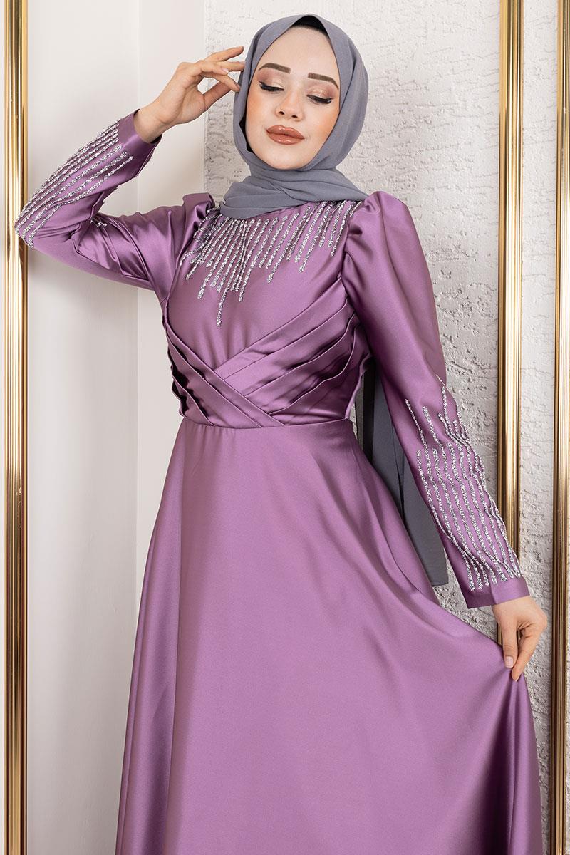 Satin Evening Dress With Stone Detail On Collar And Sleeves