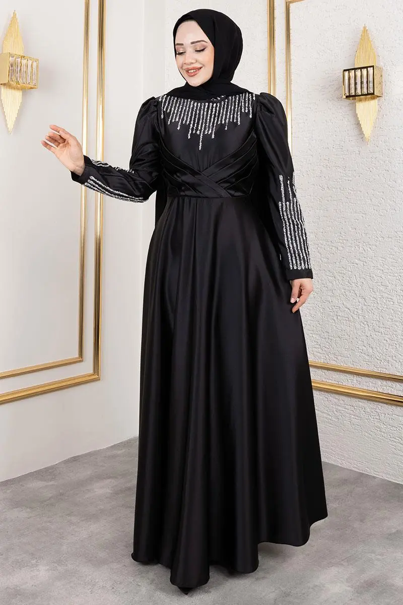 Satin Evening Dress With Stone Detail On Collar And Sleeves-detail