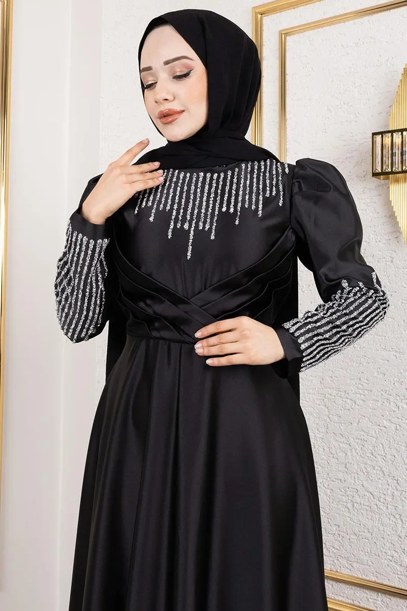 Satin Evening Dress With Stone Detail On Collar And Sleeves-detail