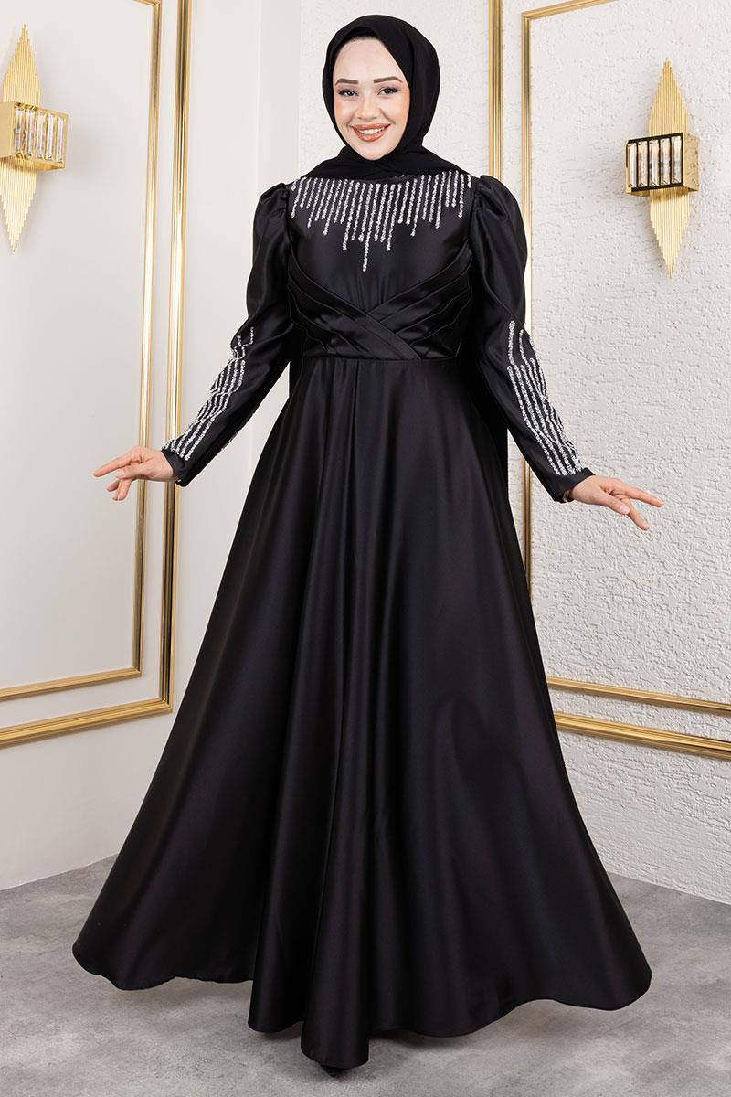 Satin Evening Dress With Stone Detail On Collar And Sleeves