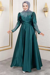 Satin Evening Dress With Stone Detail On Collar And Sleeves