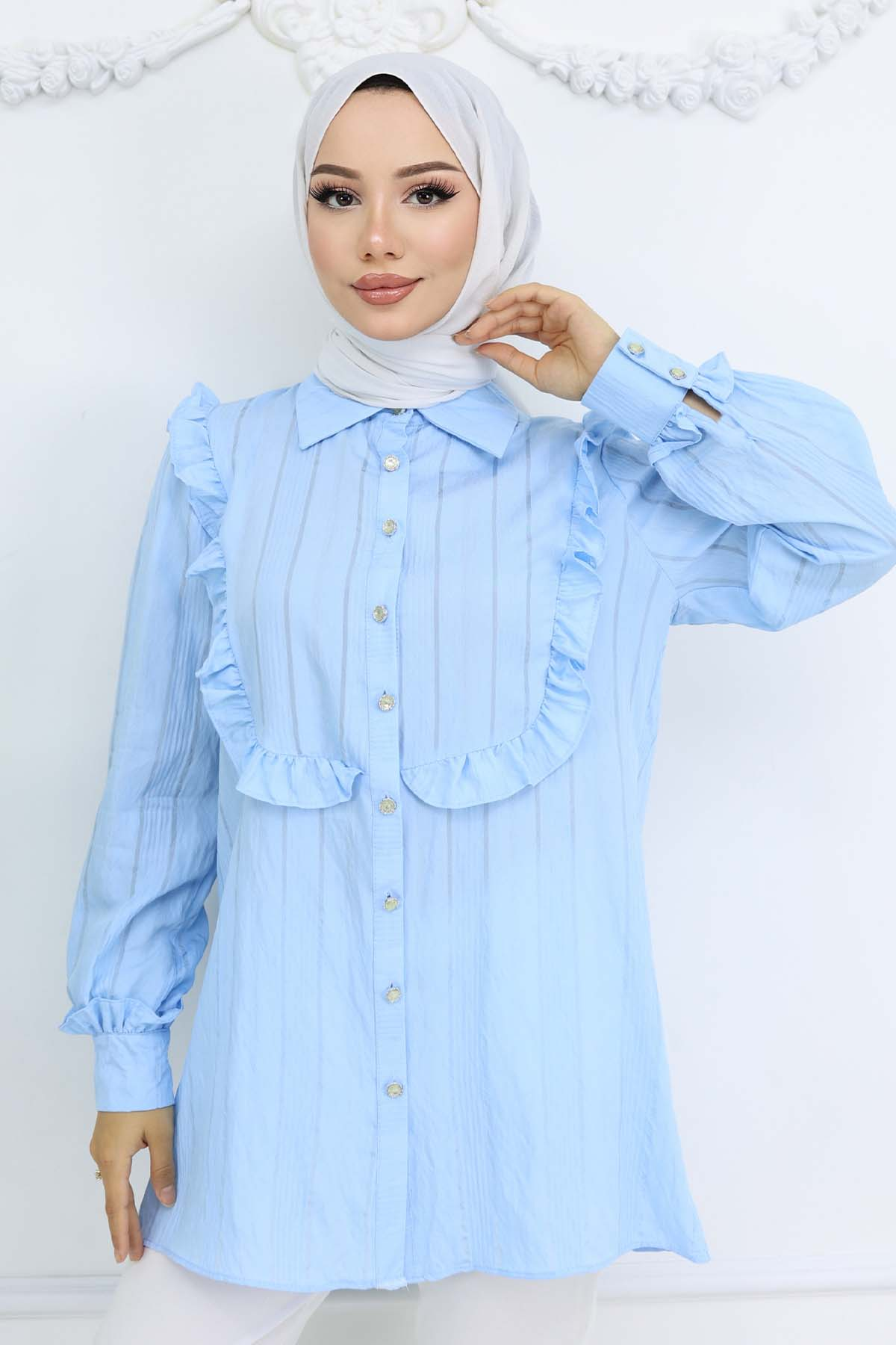 Self-patterned Shirt With Ruffle Detail