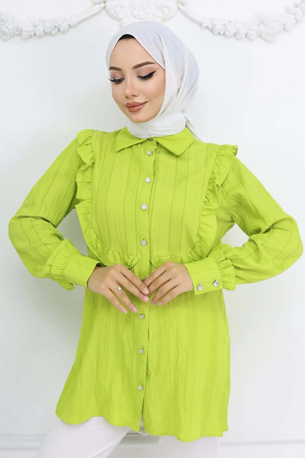 Self-patterned Shirt With Ruffle Detail-detail