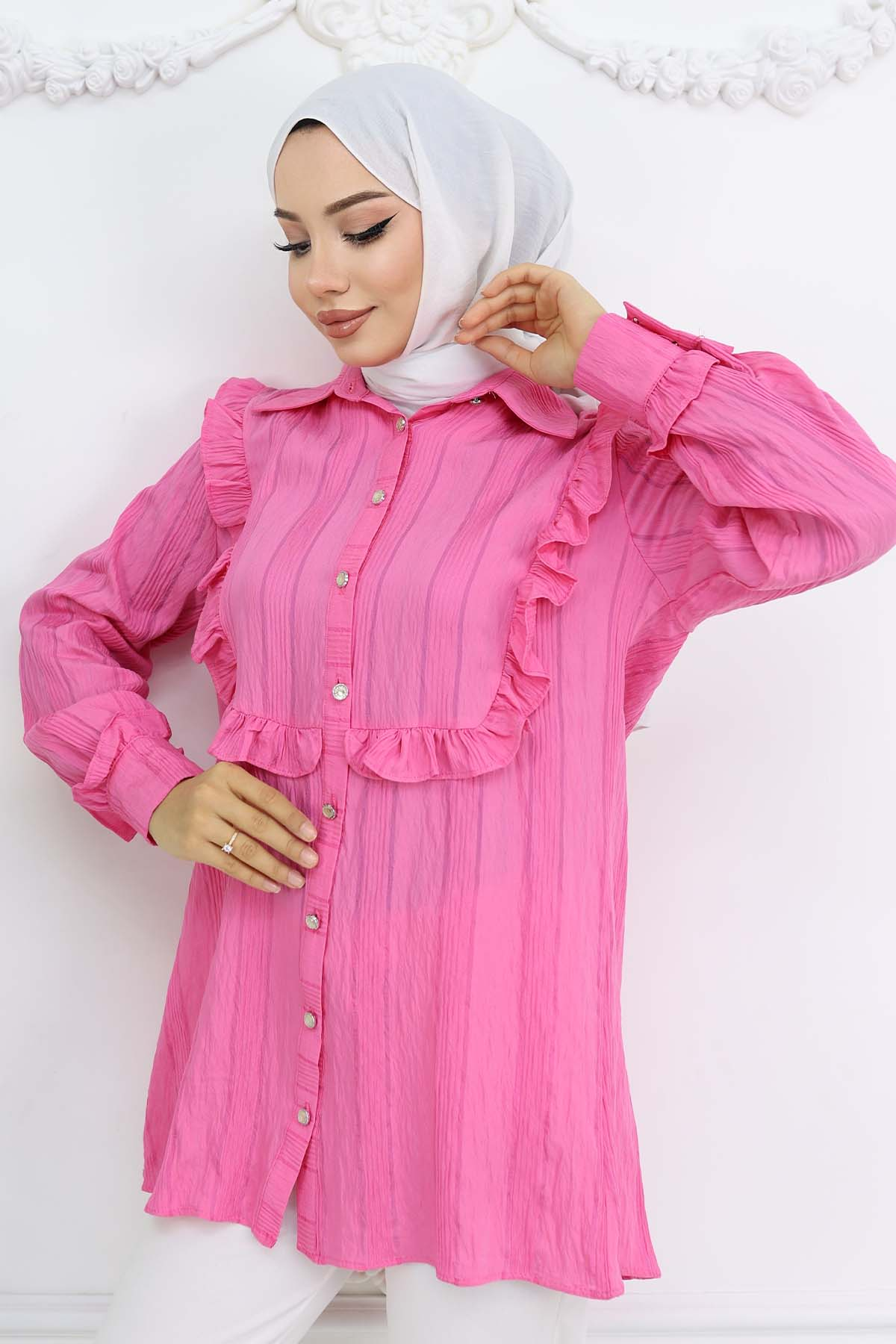 Self-patterned Shirt With Ruffle Detail