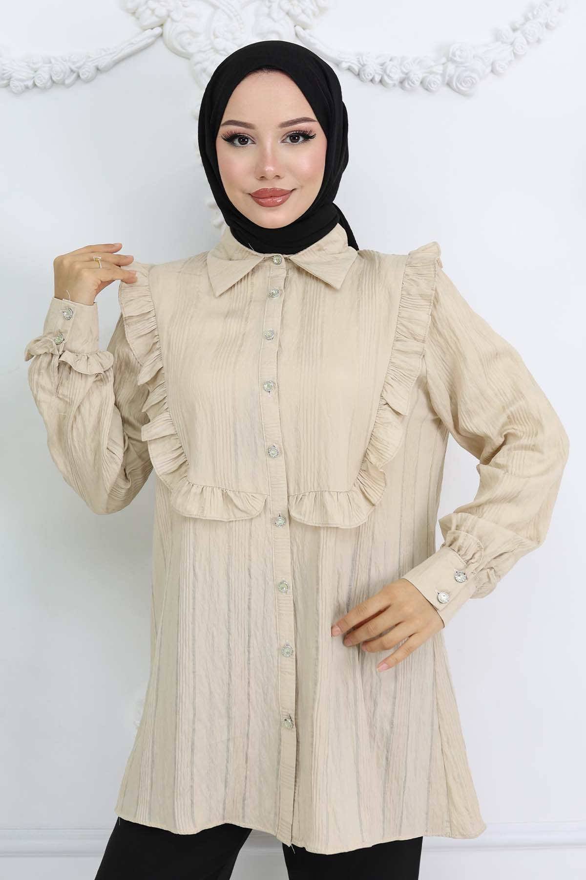 Self-patterned Shirt With Ruffle Detail