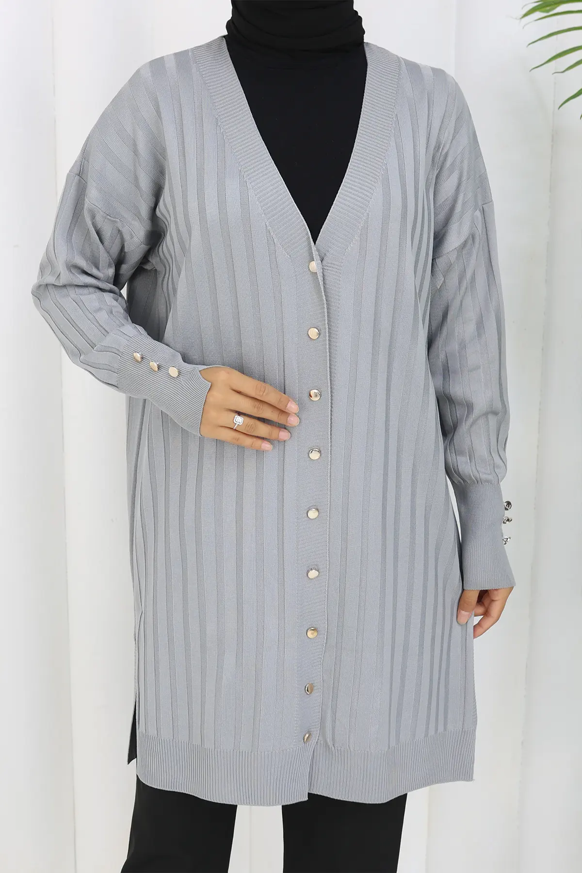 Self-striped Long Mercerized Cardiganc-detail