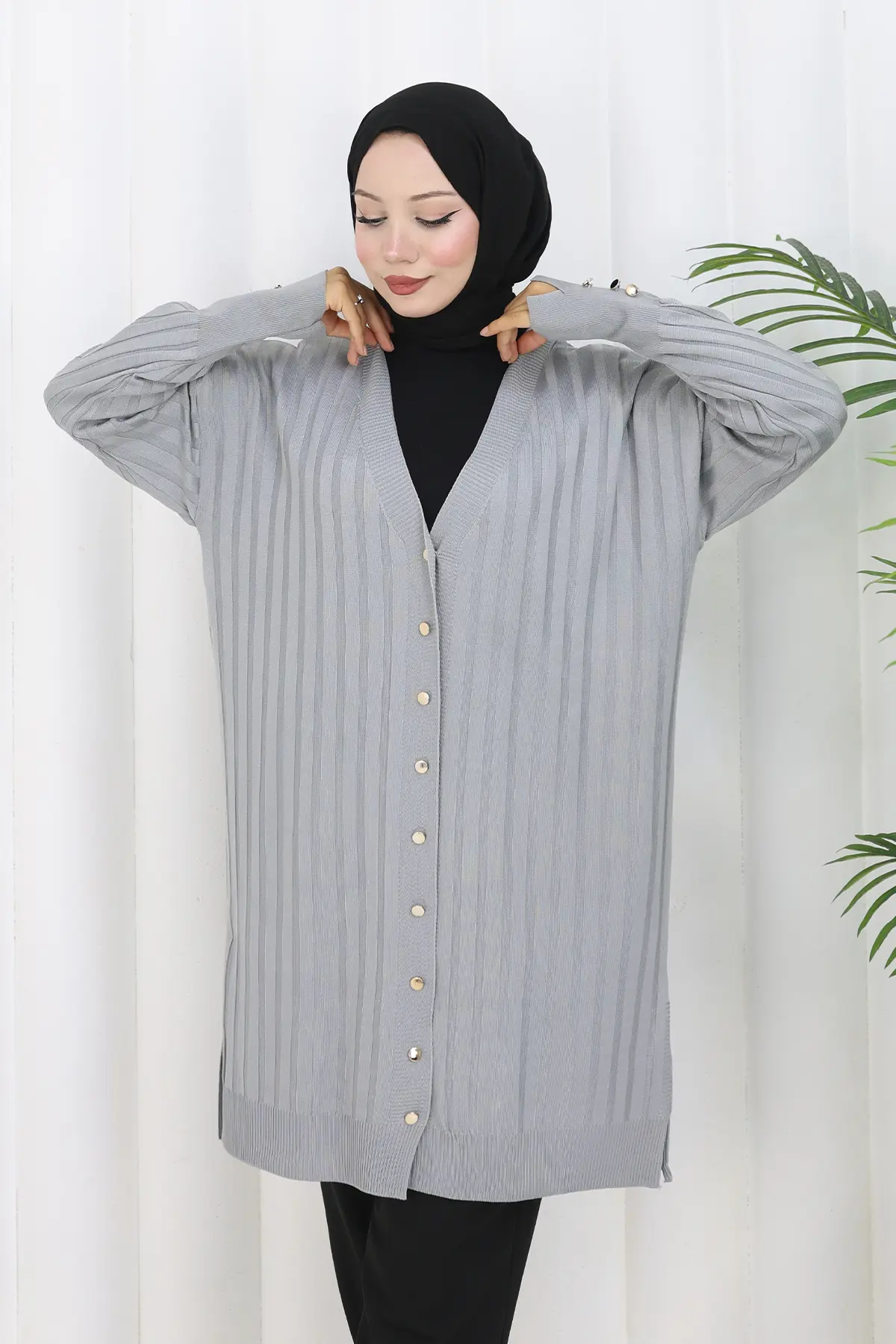 Self-striped Long Mercerized Cardiganc-detail