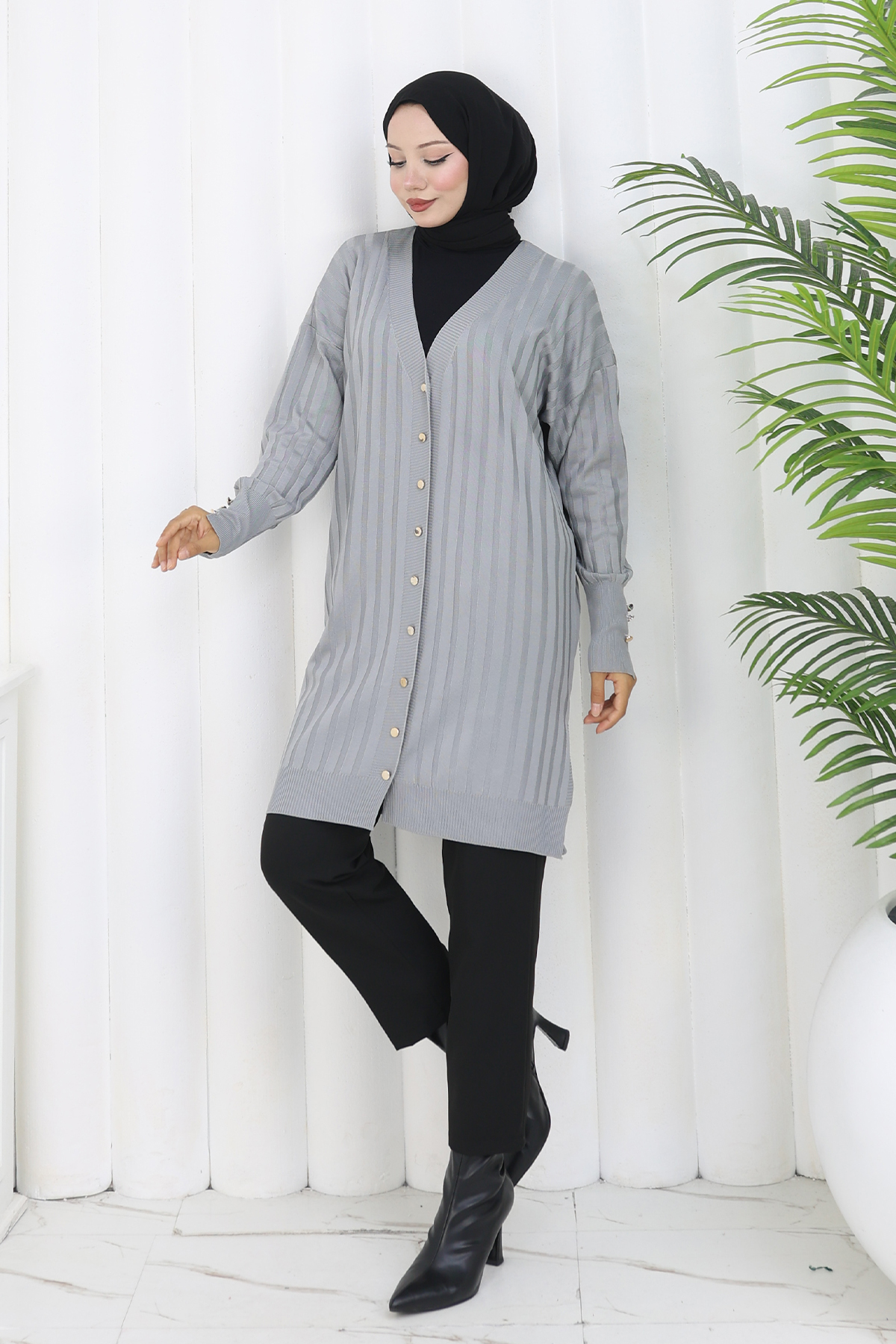 Self-striped Long Mercerized Cardiganc