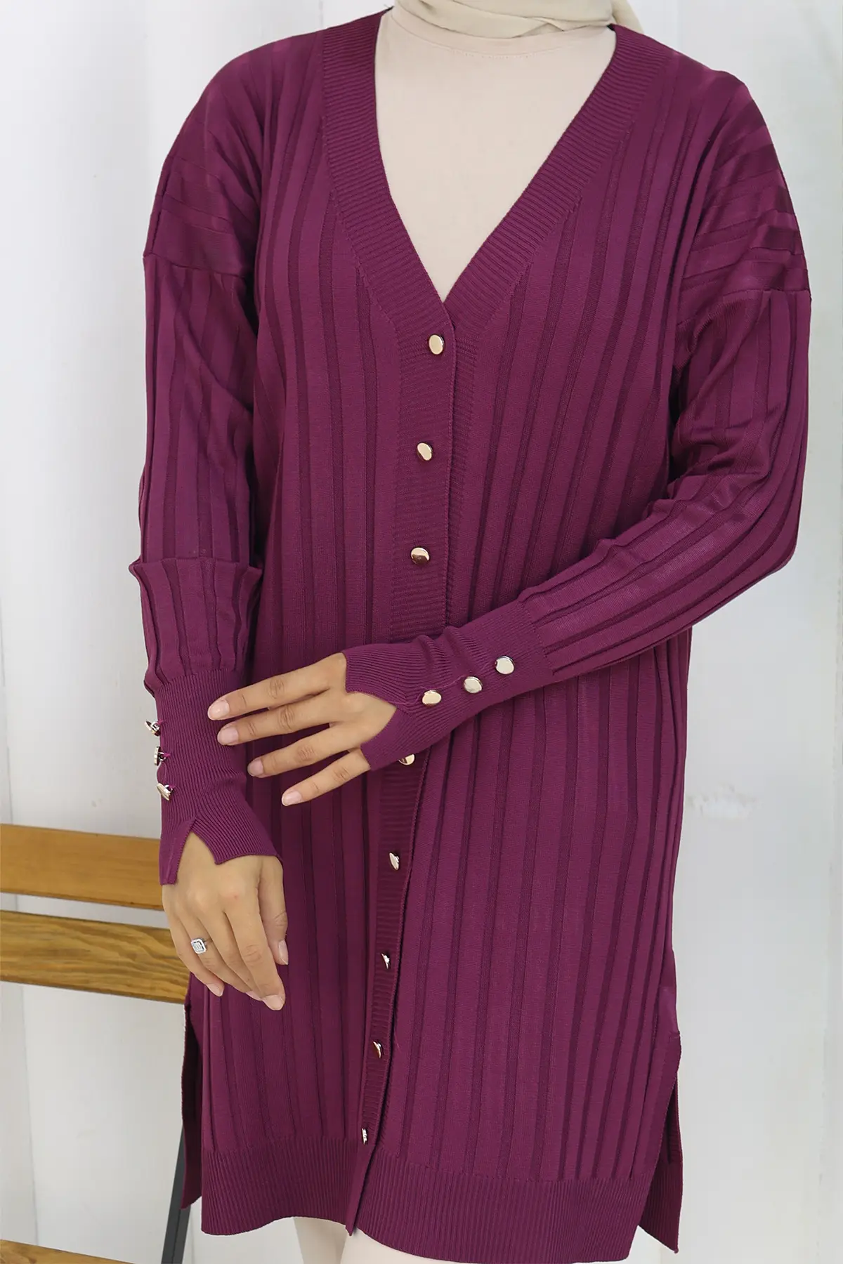 Self-striped Long Mercerized Cardiganc-detail