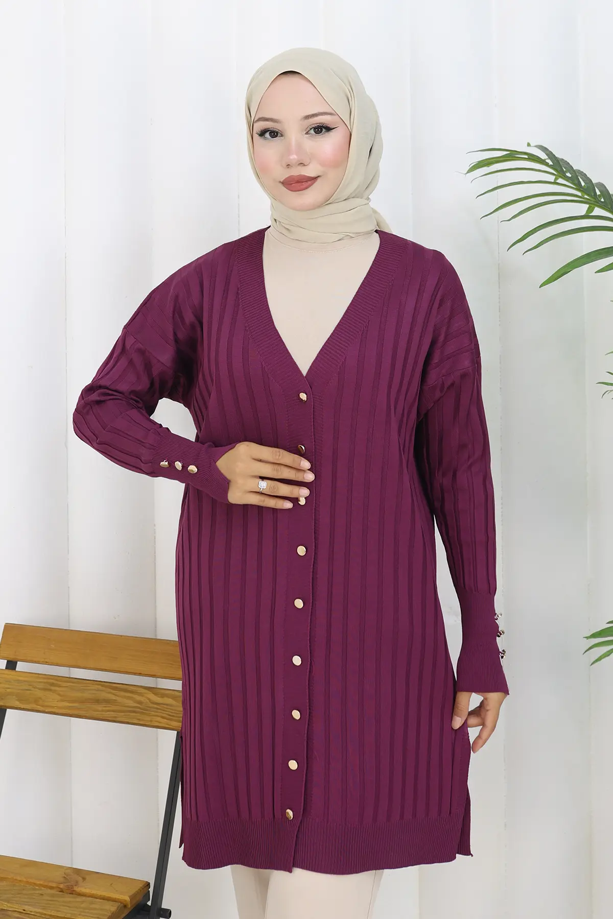 Self-striped Long Mercerized Cardiganc-detail