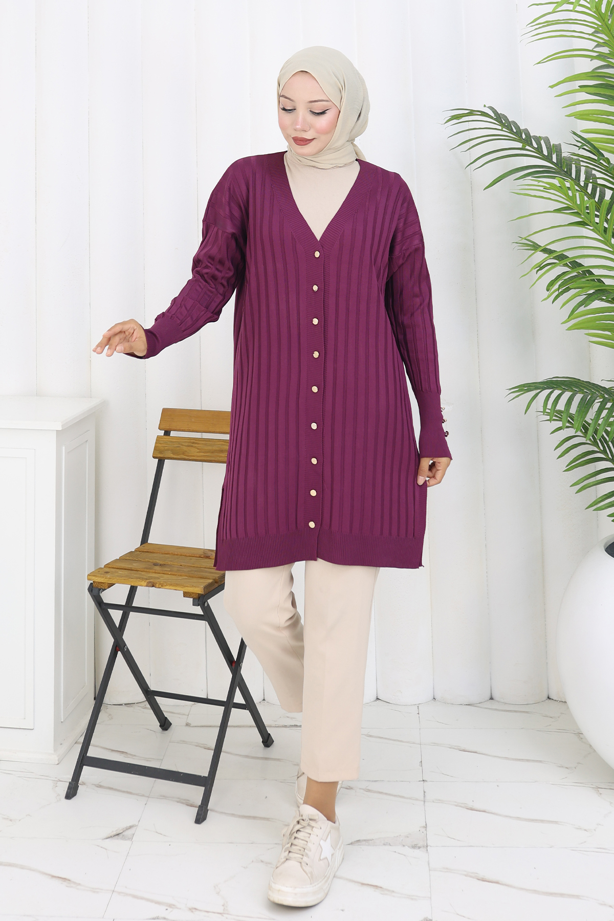 Self-striped Long Mercerized Cardiganc