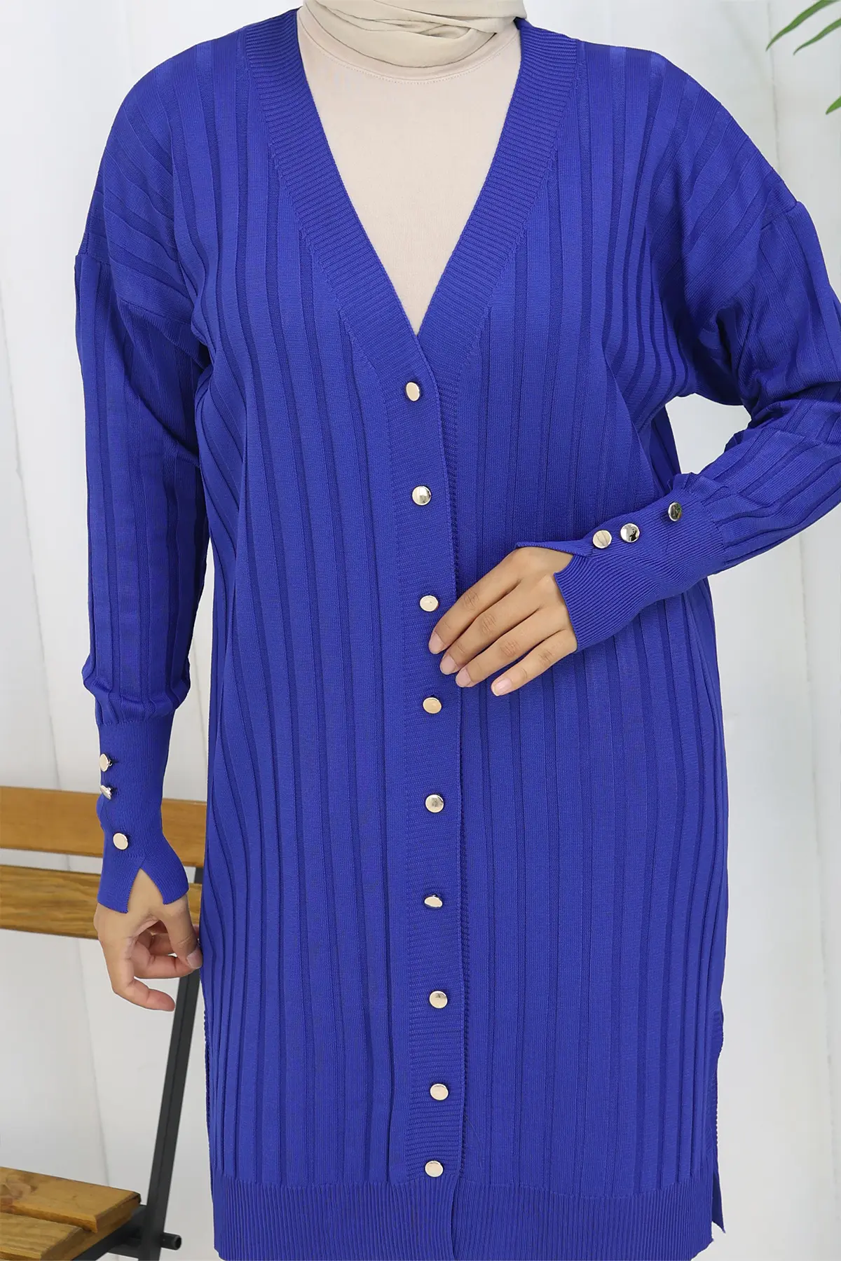 Self-striped Long Mercerized Cardiganc-detail