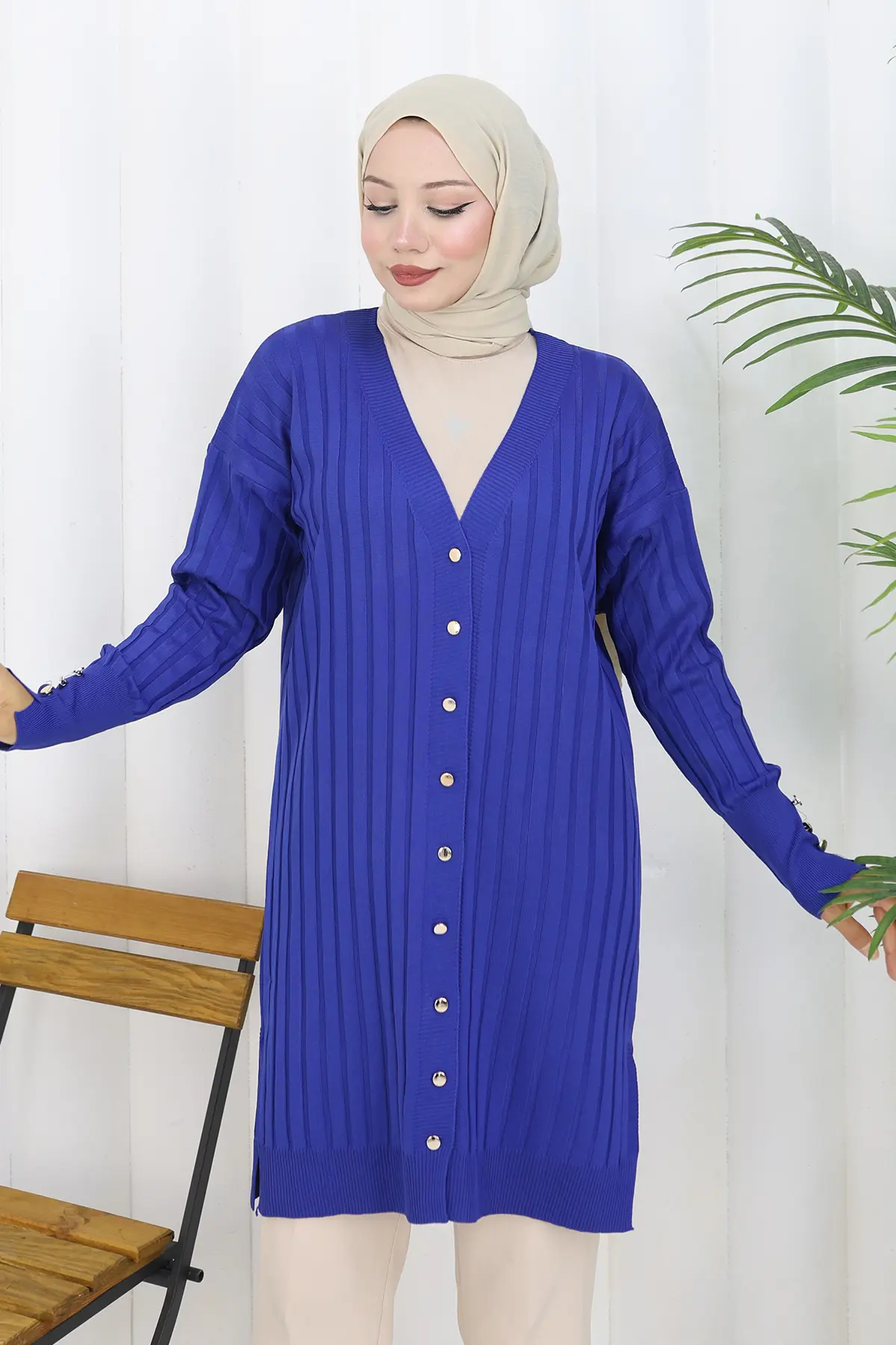 Self-striped Long Mercerized Cardiganc-detail