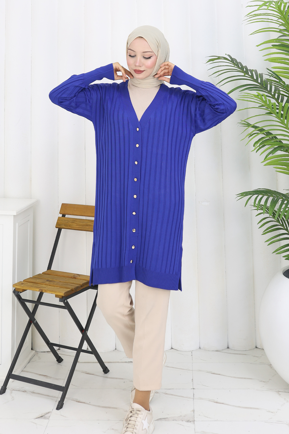 Self-striped Long Mercerized Cardiganc