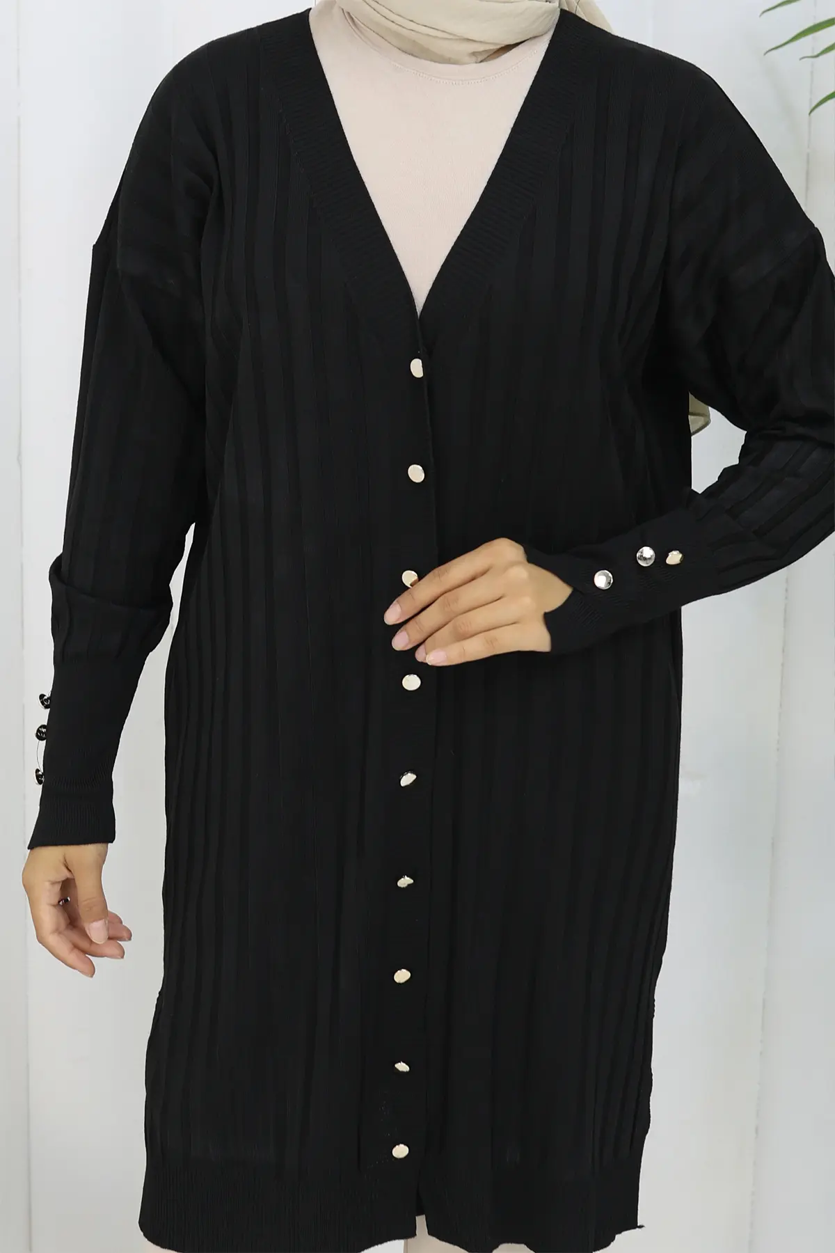 Self-striped Long Mercerized Cardiganc-detail