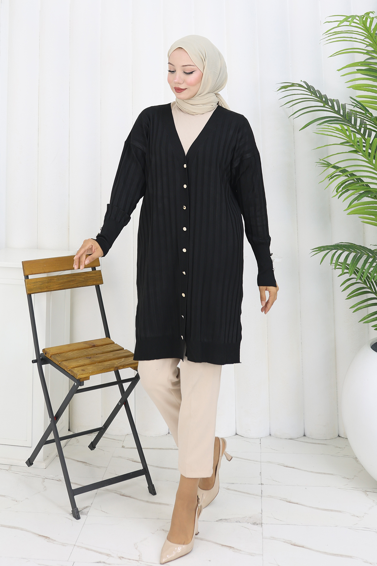 Self-striped Long Mercerized Cardiganc