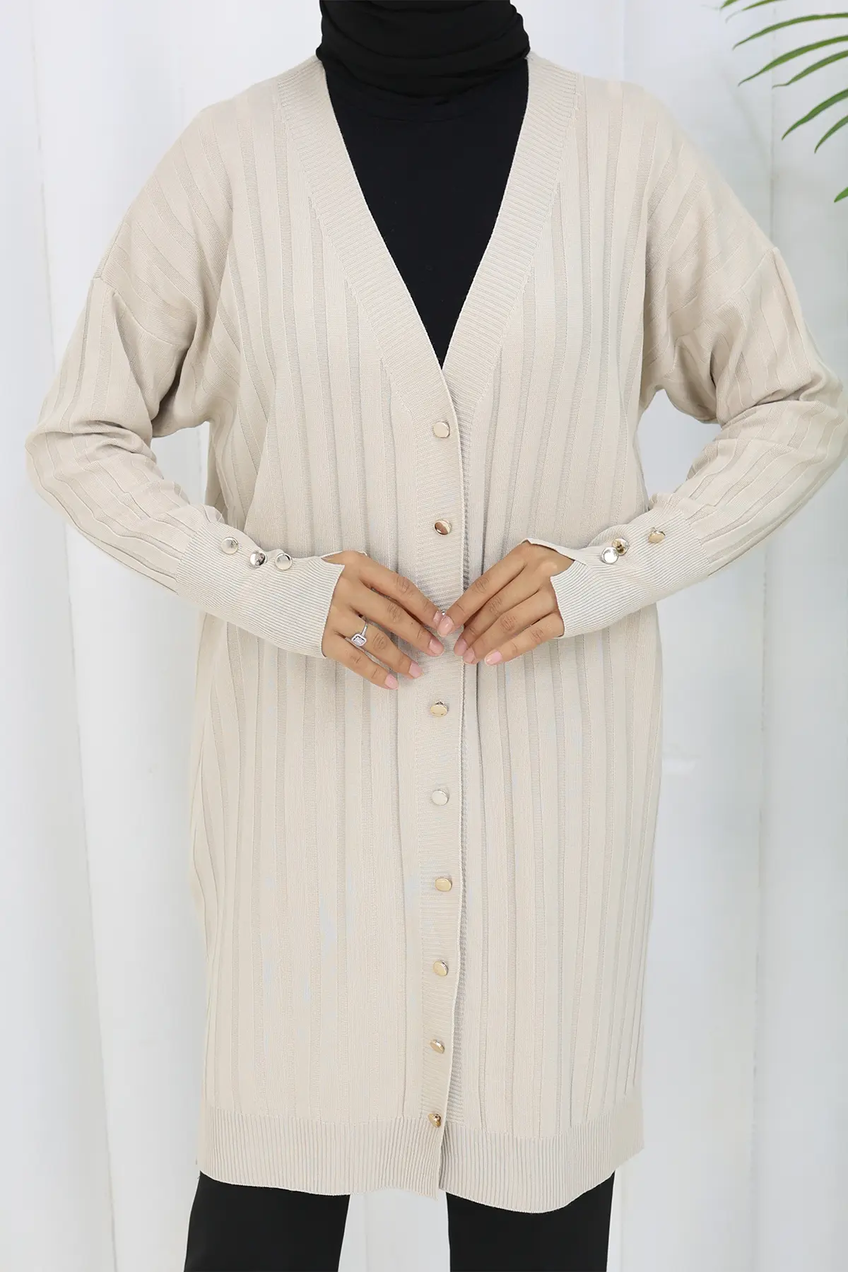 Self-striped Long Mercerized Cardiganc-detail