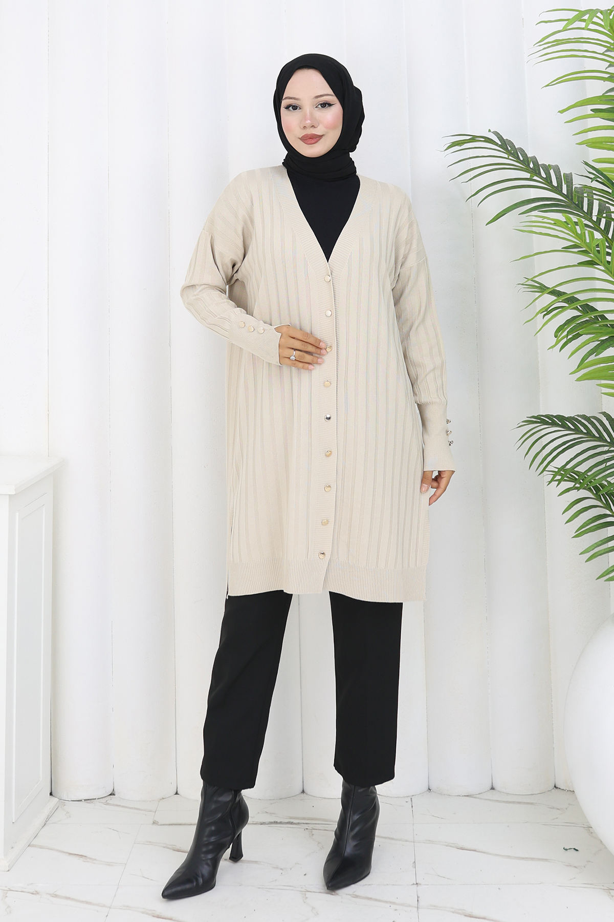 Self-striped Long Mercerized Cardiganc