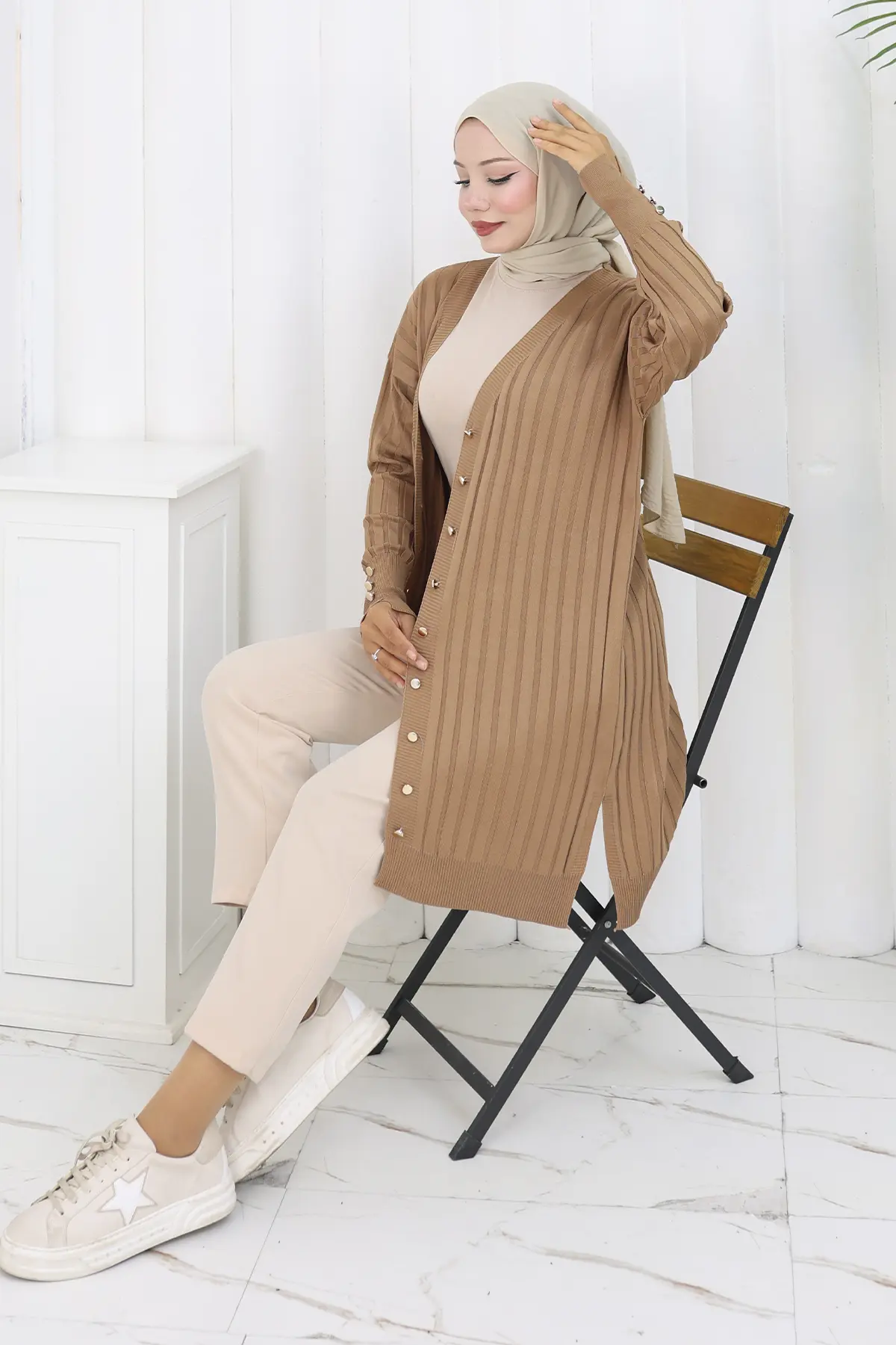 Self-striped Long Mercerized Cardiganc-detail