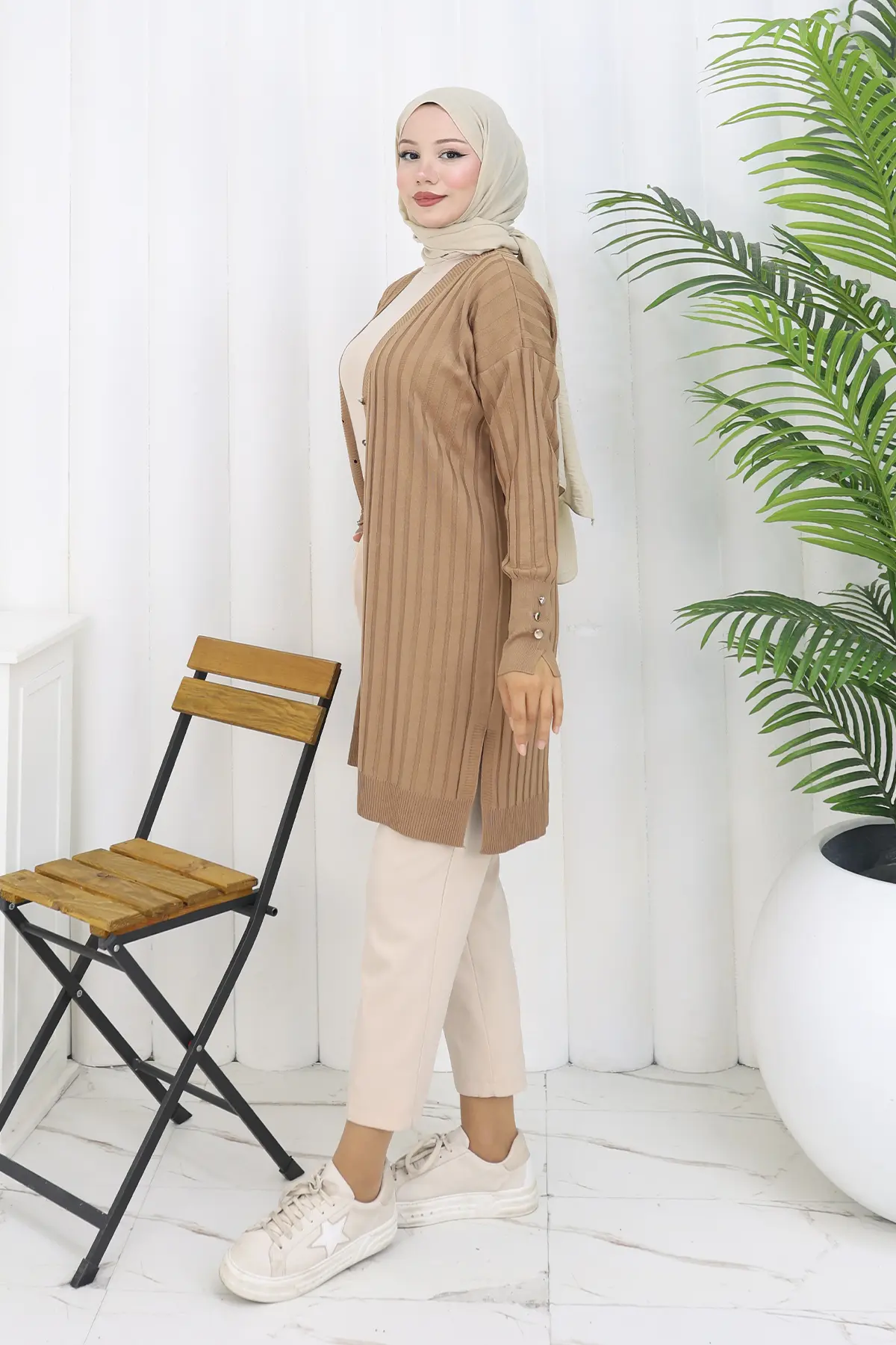 Self-striped Long Mercerized Cardiganc-detail