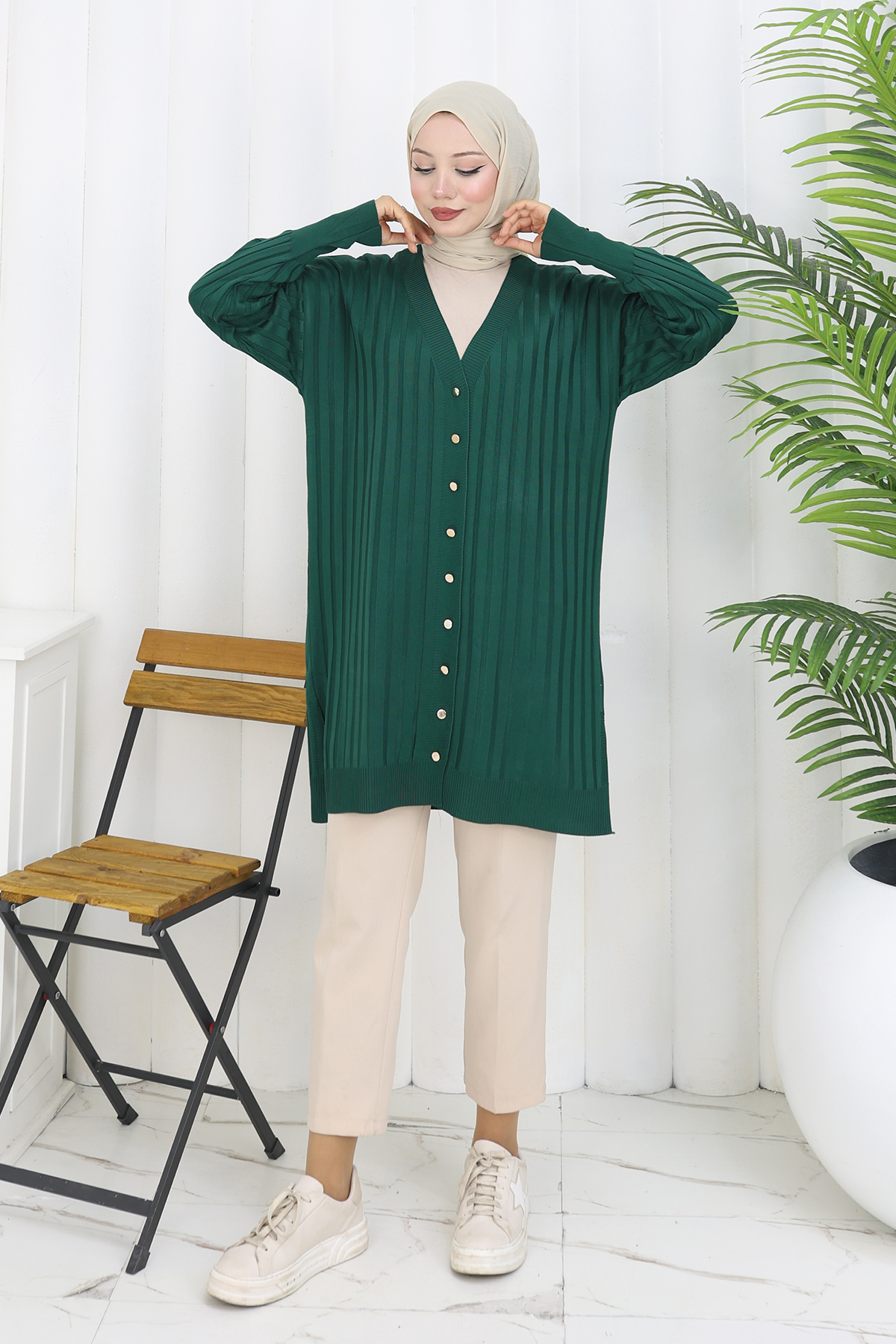 Self-striped Long Mercerized Cardiganc