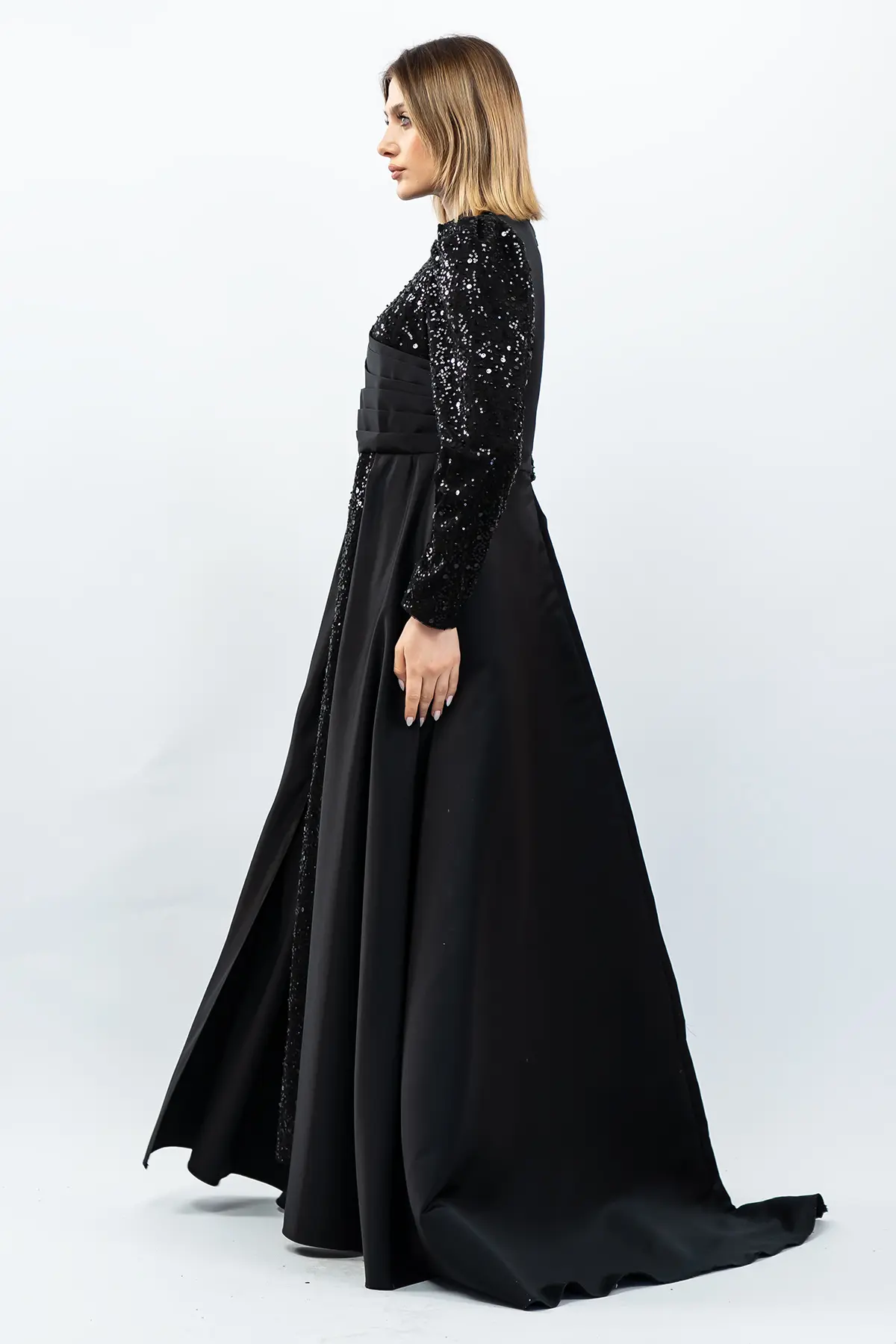 Sequined Draped Satin Evening Dress Black-detail