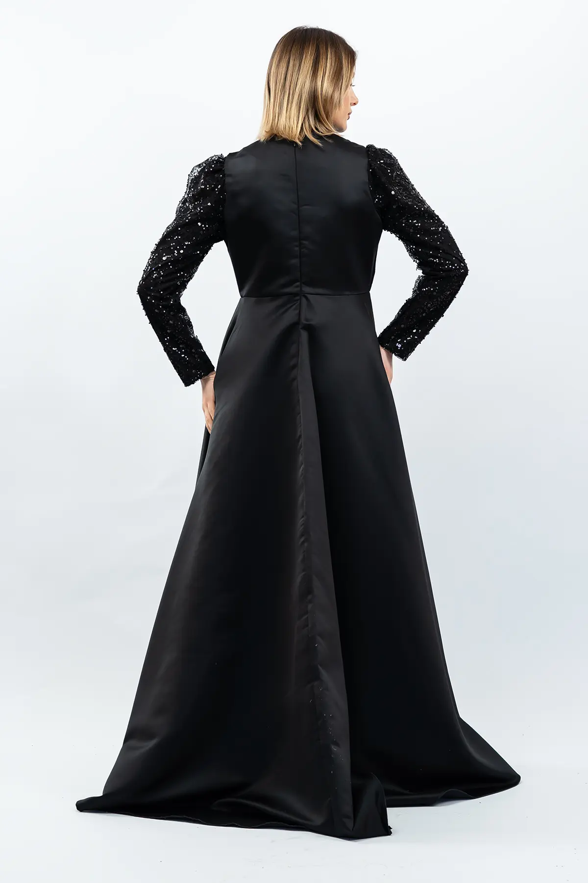 Sequined Draped Satin Evening Dress Black-detail
