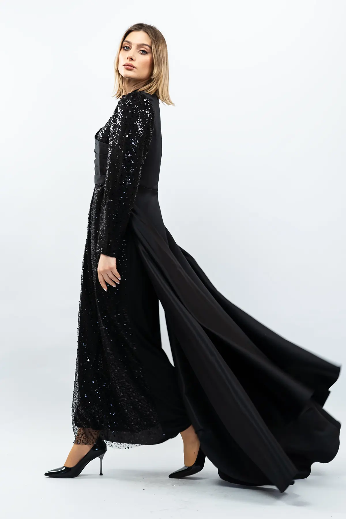 Sequined Draped Satin Evening Dress Black-detail