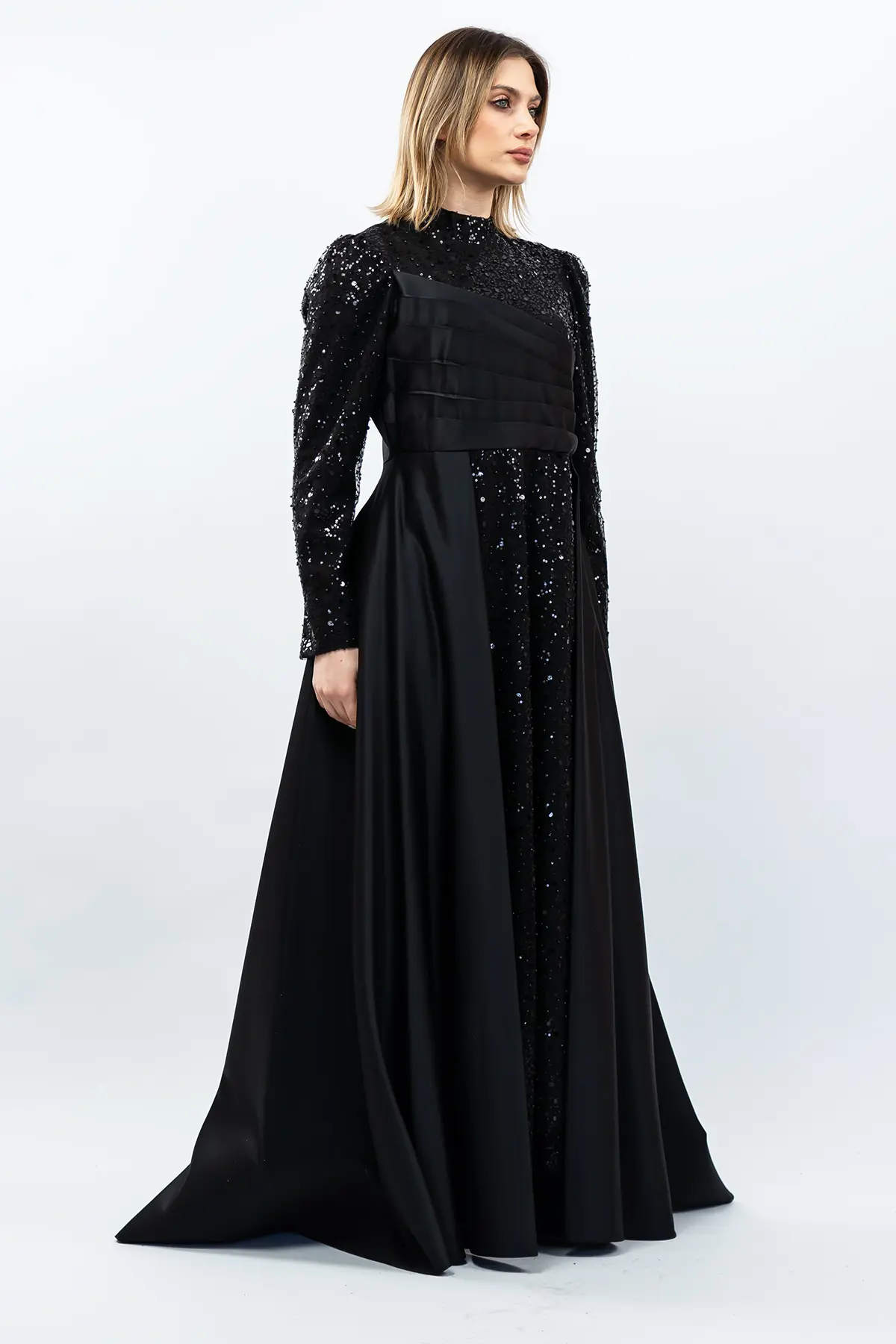 Sequined Draped Satin Evening Dress Black-detail