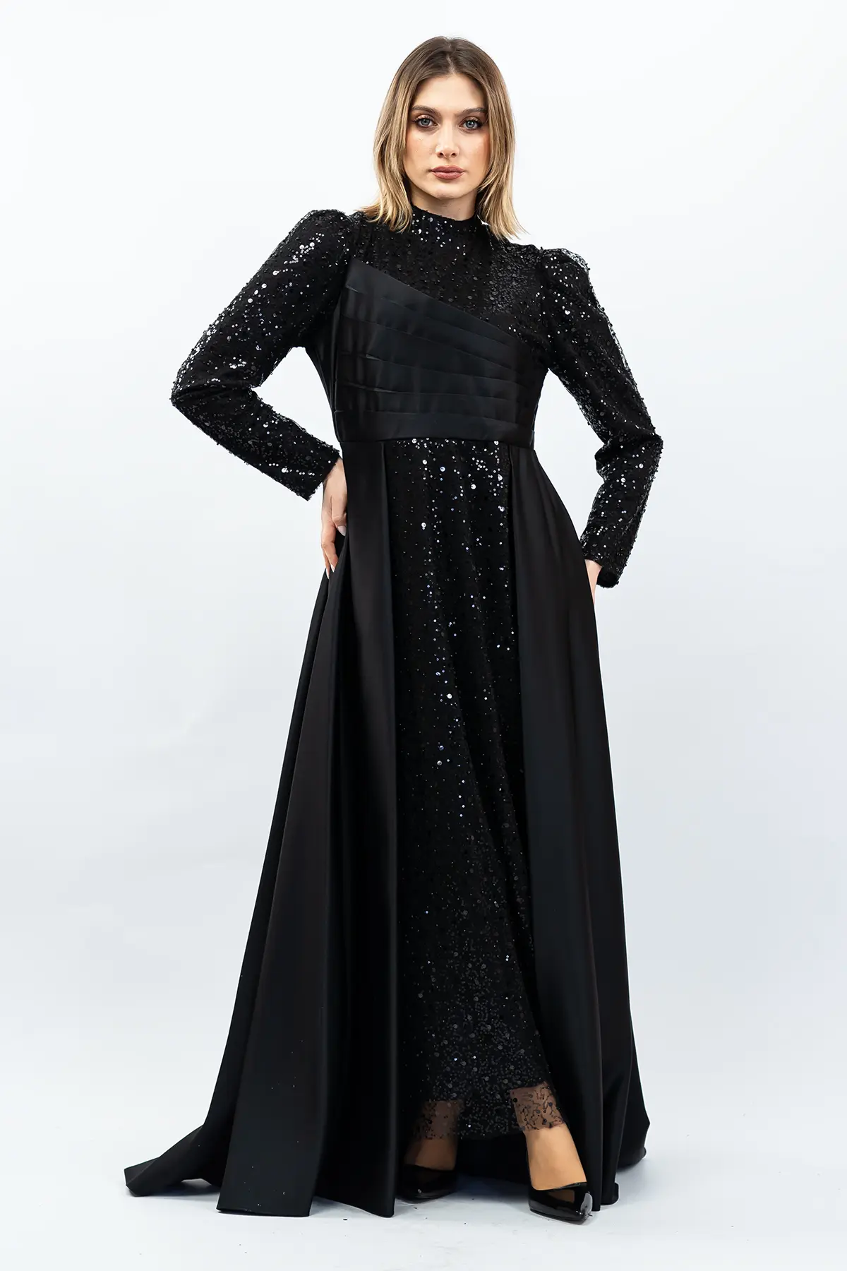 Sequined Draped Satin Evening Dress Black-detail