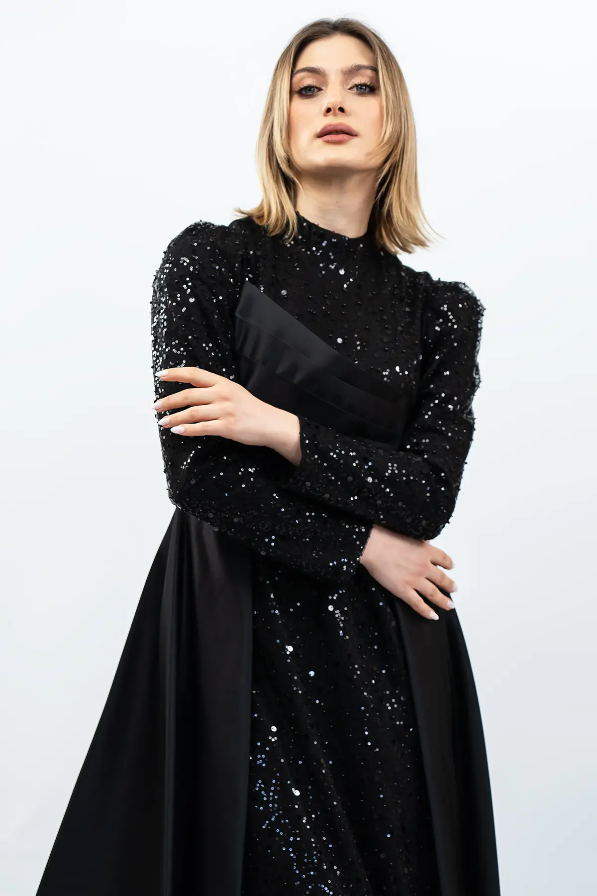 Sequined Draped Satin Evening Dress Black-detail