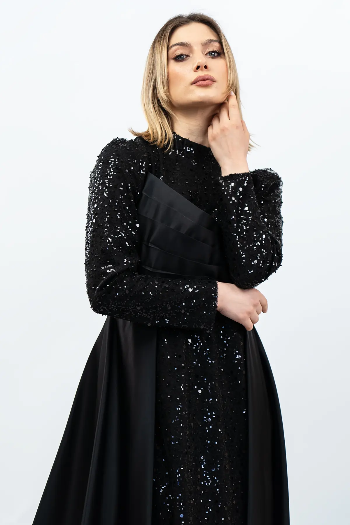 Sequined Draped Satin Evening Dress Black-detail