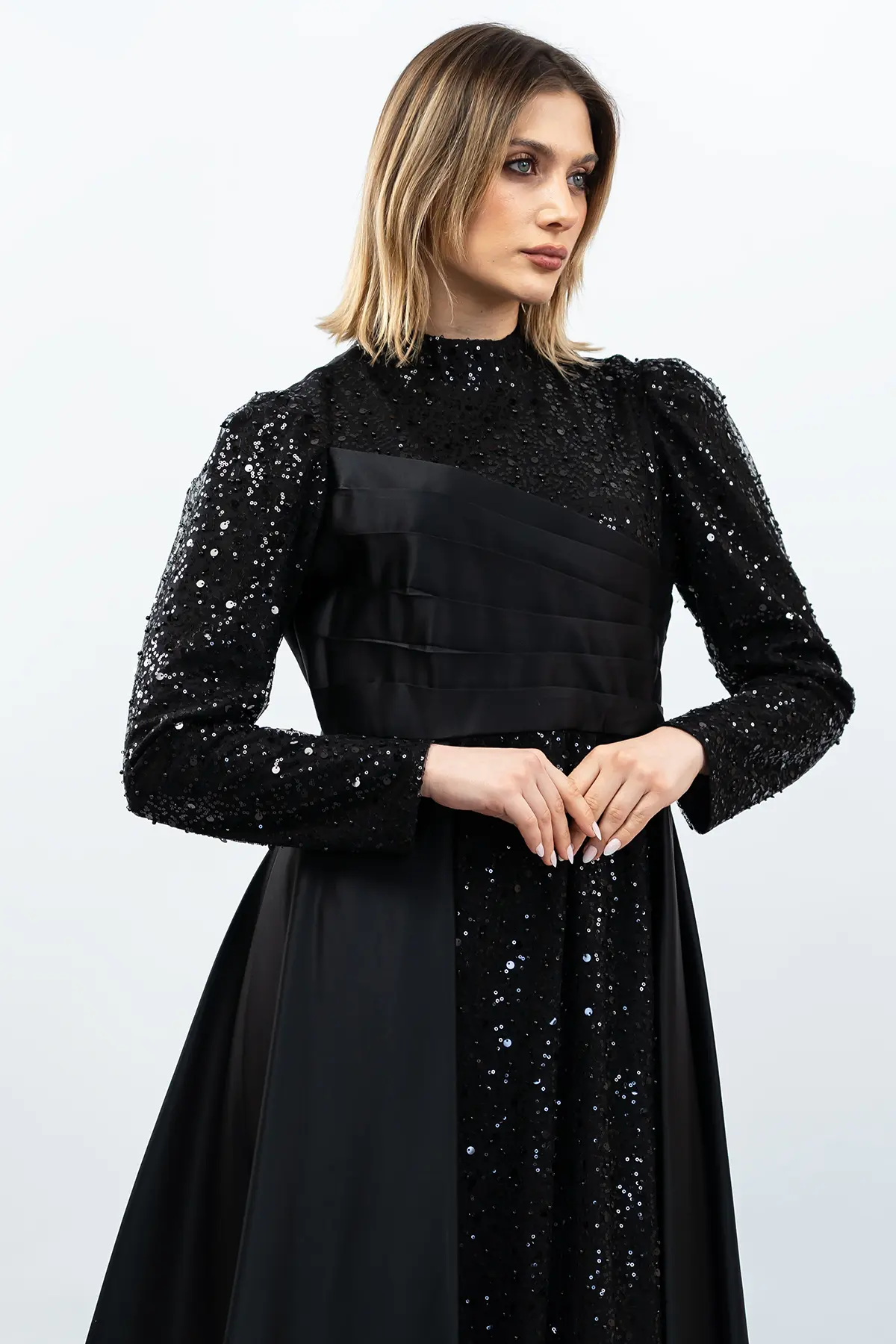 Sequined Draped Satin Evening Dress Black-detail