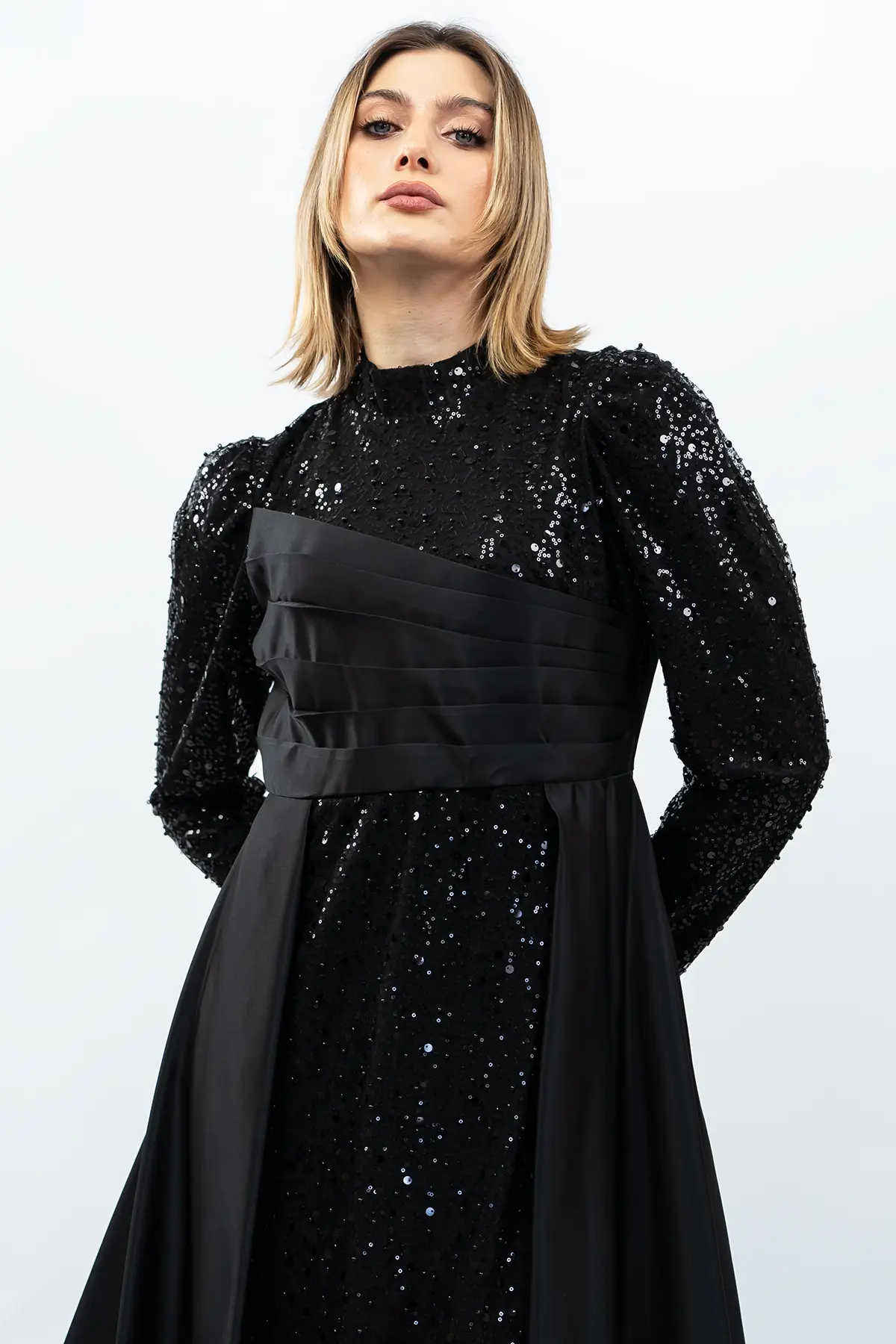 Sequined Draped Satin Evening Dress Black-detail
