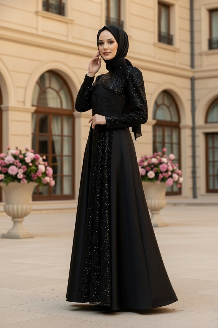Sequined Draped Satin Evening Dress Black